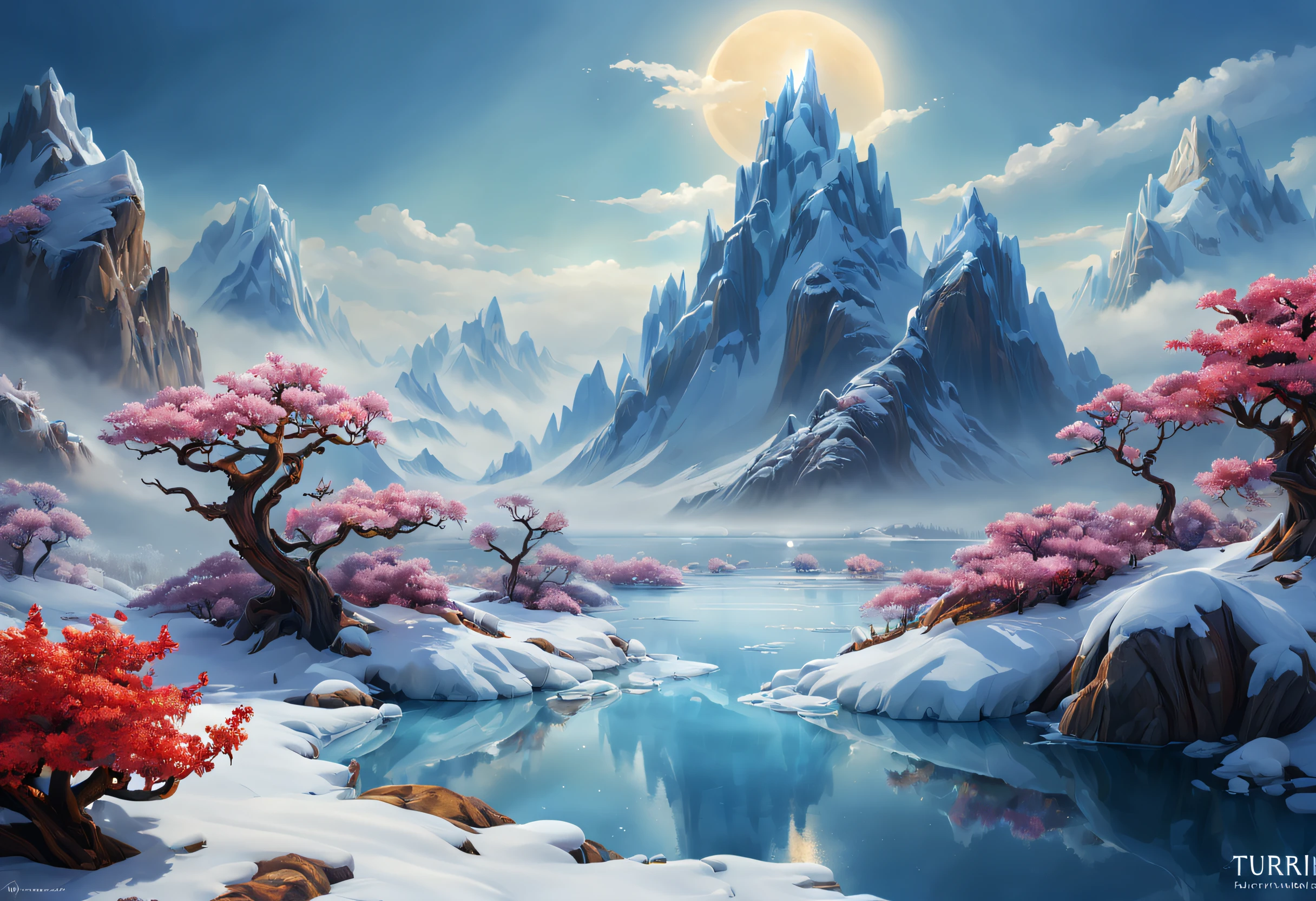 Space Magic Week, Magic concept art highlights,Ancient Chinese landscapes,snow mountains,snowy peak,mountain ranges,Winters,snowflower,Snow and ice cover,Ice Lake,Cold,branches,Bleak,fog atmosphere,blue-sky,baiyun,Rime,Winter sun,north wind,Icicles,snow landscape,holly,Pine,Ice,Frozen soil,Chill,ice - carving,(Very detailed CG unity 8K wallpaper),most beautiful artwork in the world,Professional majestic oil painting,iintricate,high detal,sharp fokus,dramatics,Realistic painting art,Romantic landscape style, canon eos 5d mark iv, Sunny impressionism, sparkling water reflections, high-quality photo, Stock Photo - AR 2:3 --v 5,a digital dreamscape, Magical fantasy 3D concept art, stunning concept art ,Warm pigments,Bright colors,Bright light,Extreme refinement,(tmasterpiece),super detailing,Epic composition,hyper HD,high qulity,offcial art,32k