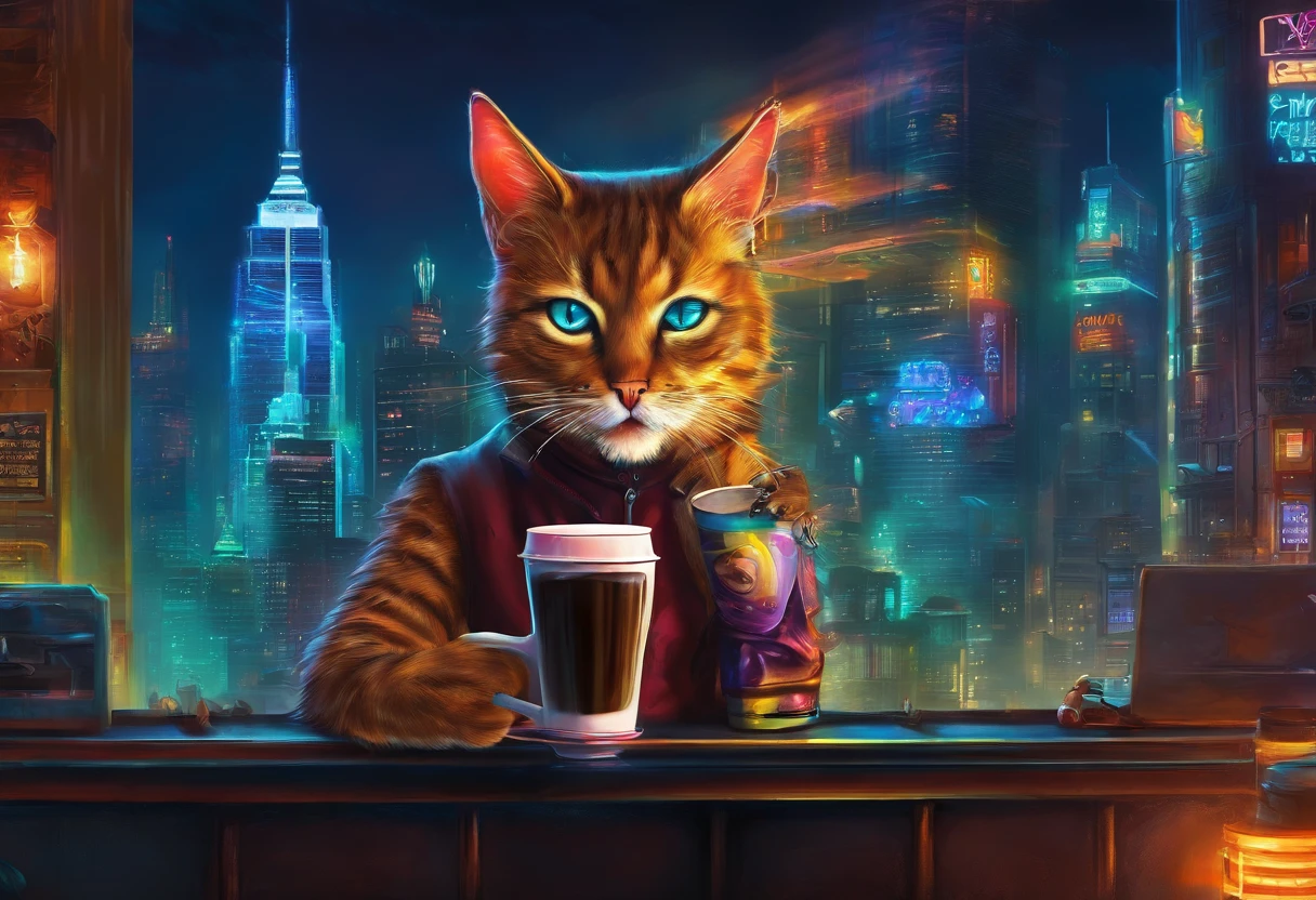 Cat drinking coffee in a coffee shop, art by [by Esao Andrews]