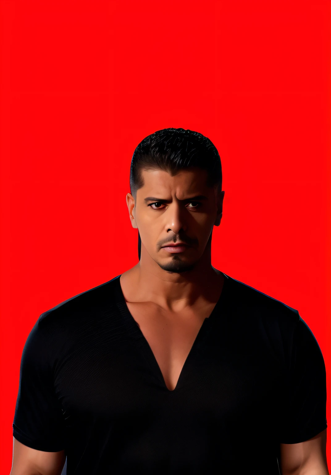 Arafed man in black neckline shirt standing in front of a red background, He's wearing a black V-neck T-shirt, no fundo vermelho, Directed by: Giorgio Cavallon, Raphael Personnaz, Ricardo Milos, Directed by: John Cat, Directed by: Alejandro Obregon, FOTO OFICIAL, solid background, Directed by: Manuel Ortiz de Zarate, Directed by: Zlatyu Boyadzhiev