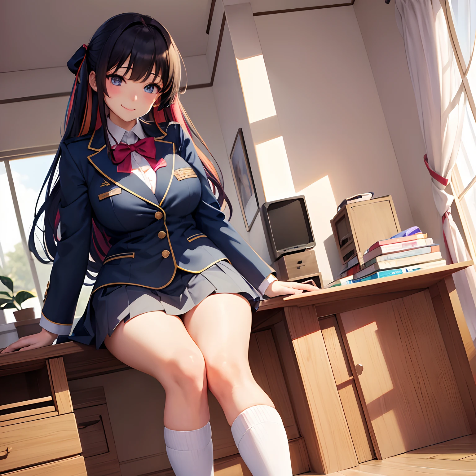 a beauty girl,Ribbon on uniform,blazers,A smile,girl,anime a girl,top-quality,Colossal tits,masterpiece,Excellent style,Erotic Cute,long,超A high resolution,beautiful a girl,Lovely girl,multicolored hair,Loose socks,Perfect Beautiful Girl,