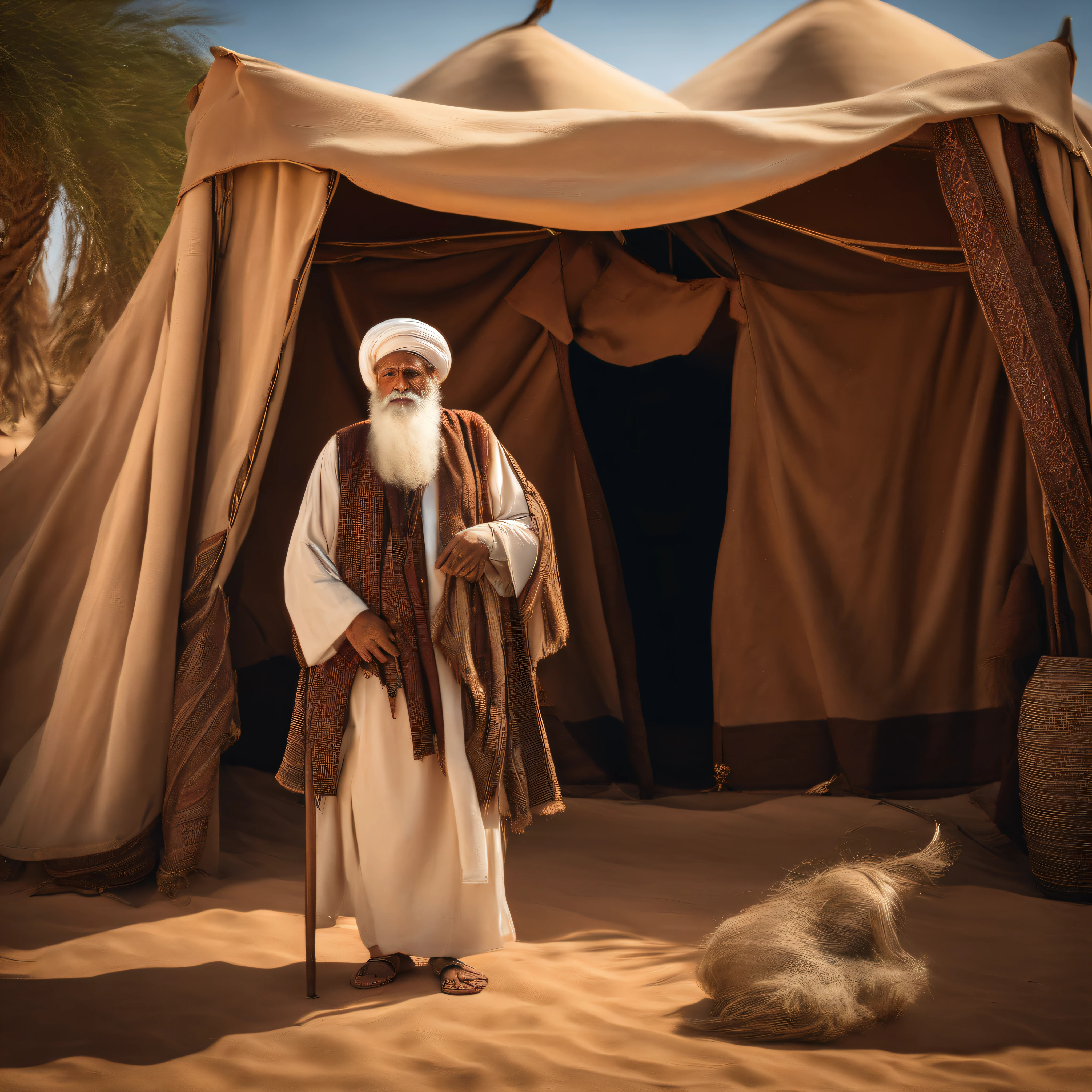 Biblical character, PATRIARCH ABRAHAM, old man, barba branca grande, in front of an Arab tent, olhar pensativo e perdido, Wise old man. Imagem realista antiga, com gado ao fundo.