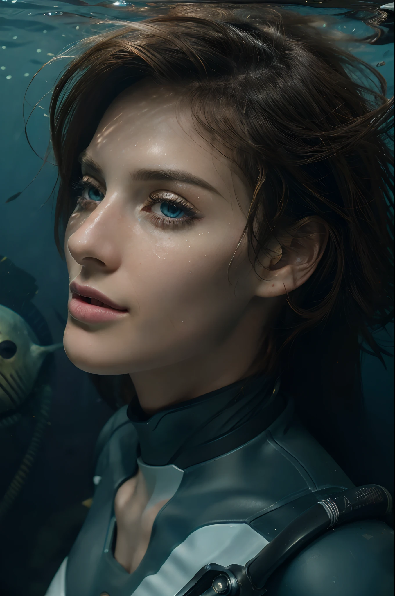 (8k, ARTISTIC photography, best quality, masterpiece: 1.2) close up, woman in an underwater spacesuit, (luminous deep sea creatures around her:1), best quality, sunlight, detailed face, gorgeous eyes, realistic skin details, high quality, seen from below, romantic, high quality, film grain, Cinematic Light, sidelighting, sharp focus