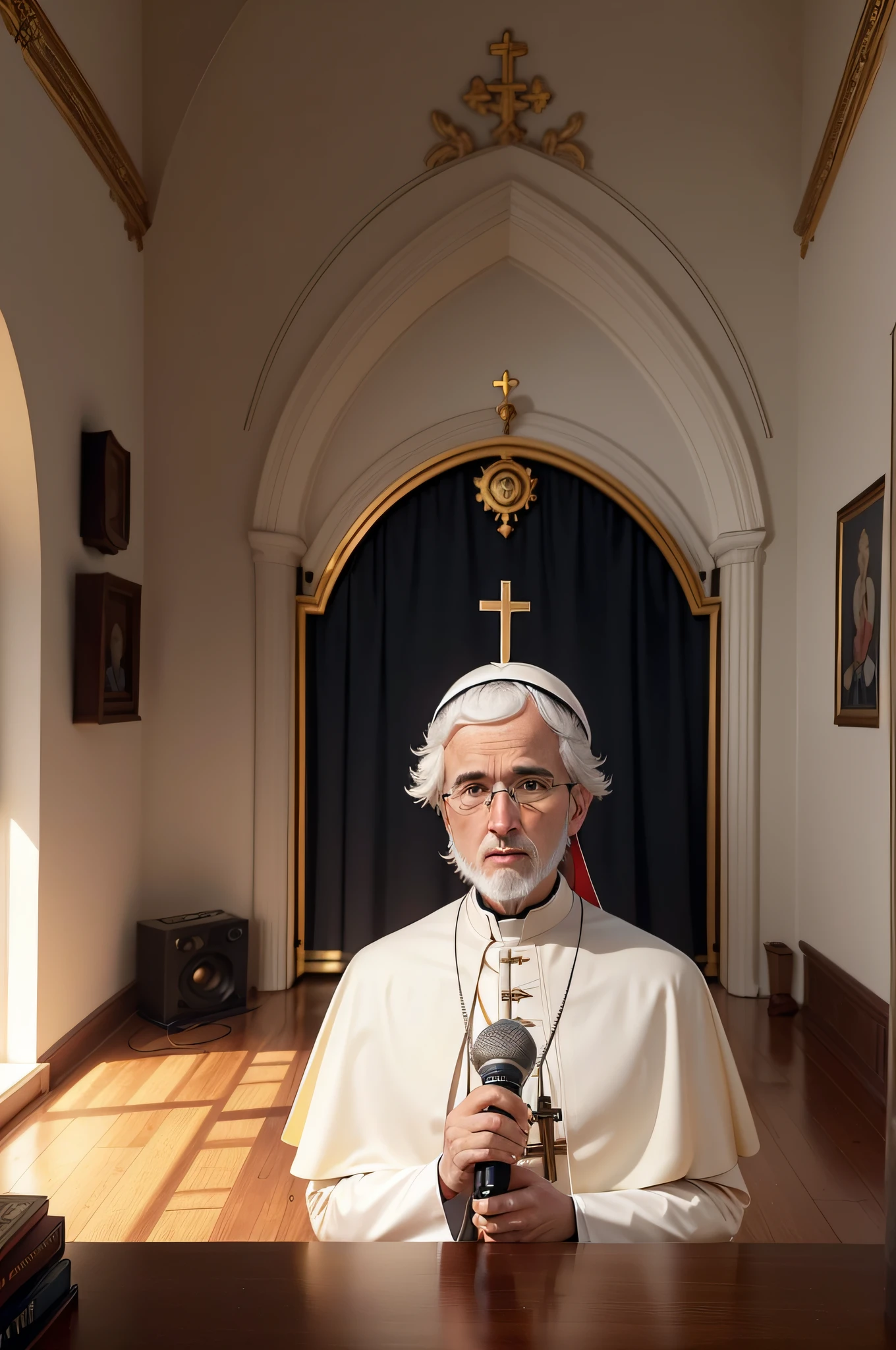 Create a Catholic Male Pope Avatar, sentado, com um microfone de podcast,Template for YouTube Video, Podcast Setup Inside a Catholic Room, livros, imagens de santos, tudo bem organizado tudo-em-4K, alta resolução