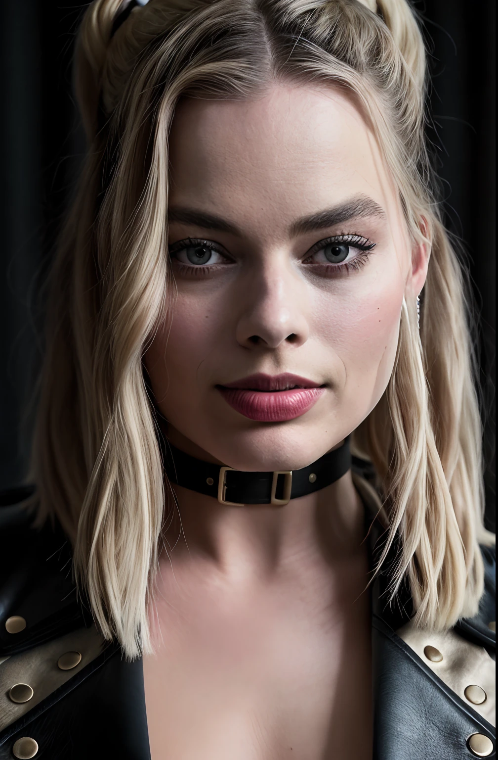 Margot Robbie: Harley Quinn, Coupe en cuir sur toute la longueur, superréaliste, Hyperrealistic, detailded, affiche de film, realistic skin, Fujifilm XT3, High-resolution image quality, photo shoot (peau: 0,8, Taupes: 0,05), (very detailed skin), Margotrobbie se penche en avant, sur deux, cuir, cul, sexy, body,