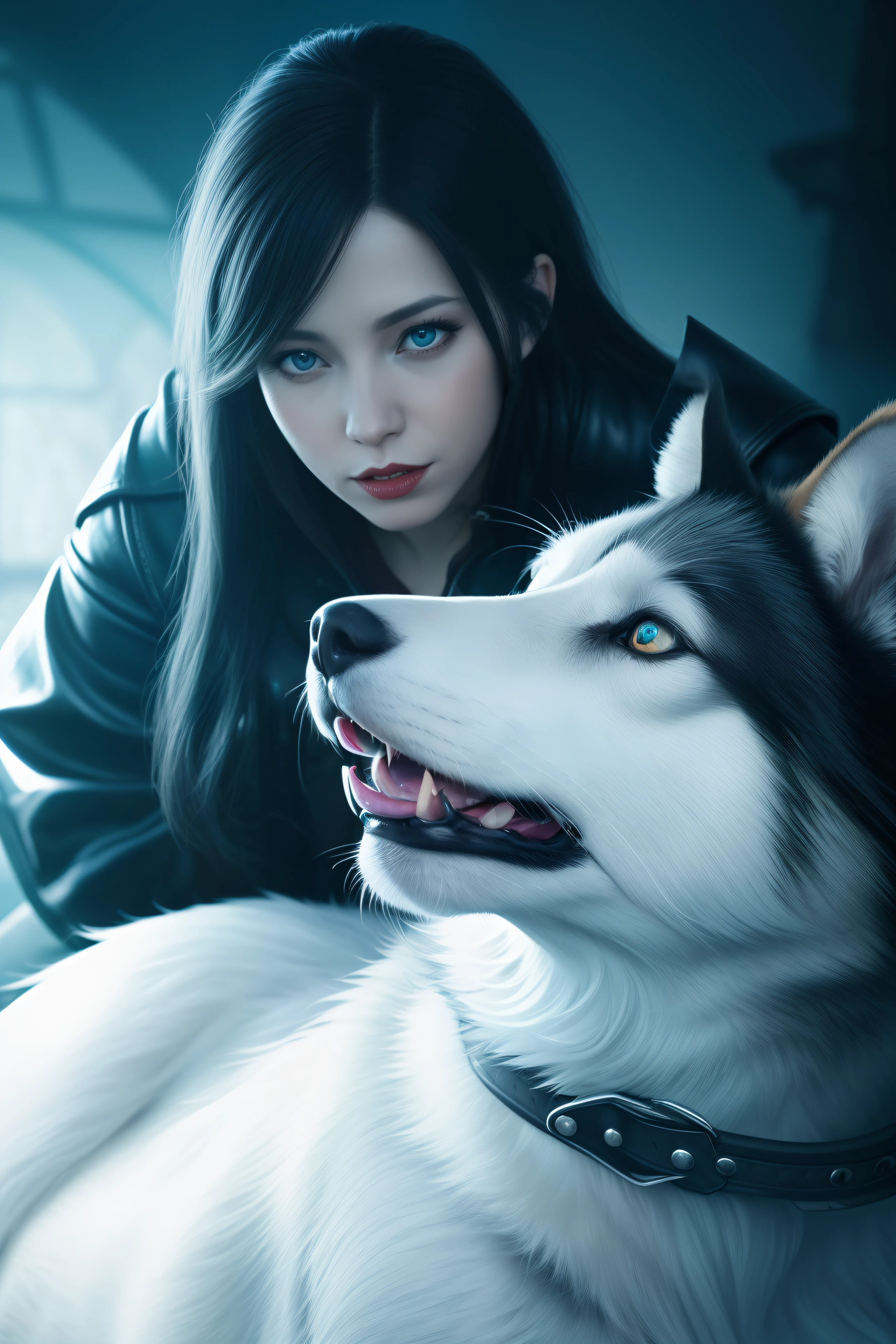 top-quality, Realisticity:1, realistic skin textures, ighly detailed, 8k wallpaper, volume illumination, Dynamic lighting, WARCRAFT, Dramatic and dynamic composition,Leather raincoat, long boots, SLR, Focus,vampire,leader,strong con,Fictional creatures,Fangs from the mouth,Realistic texture, Slender woman, I'm starving, menace, Live Action, Fantasia, A dark-haired, Tattoos on the face, Beautiful turquoise eyes, Petting a wolf