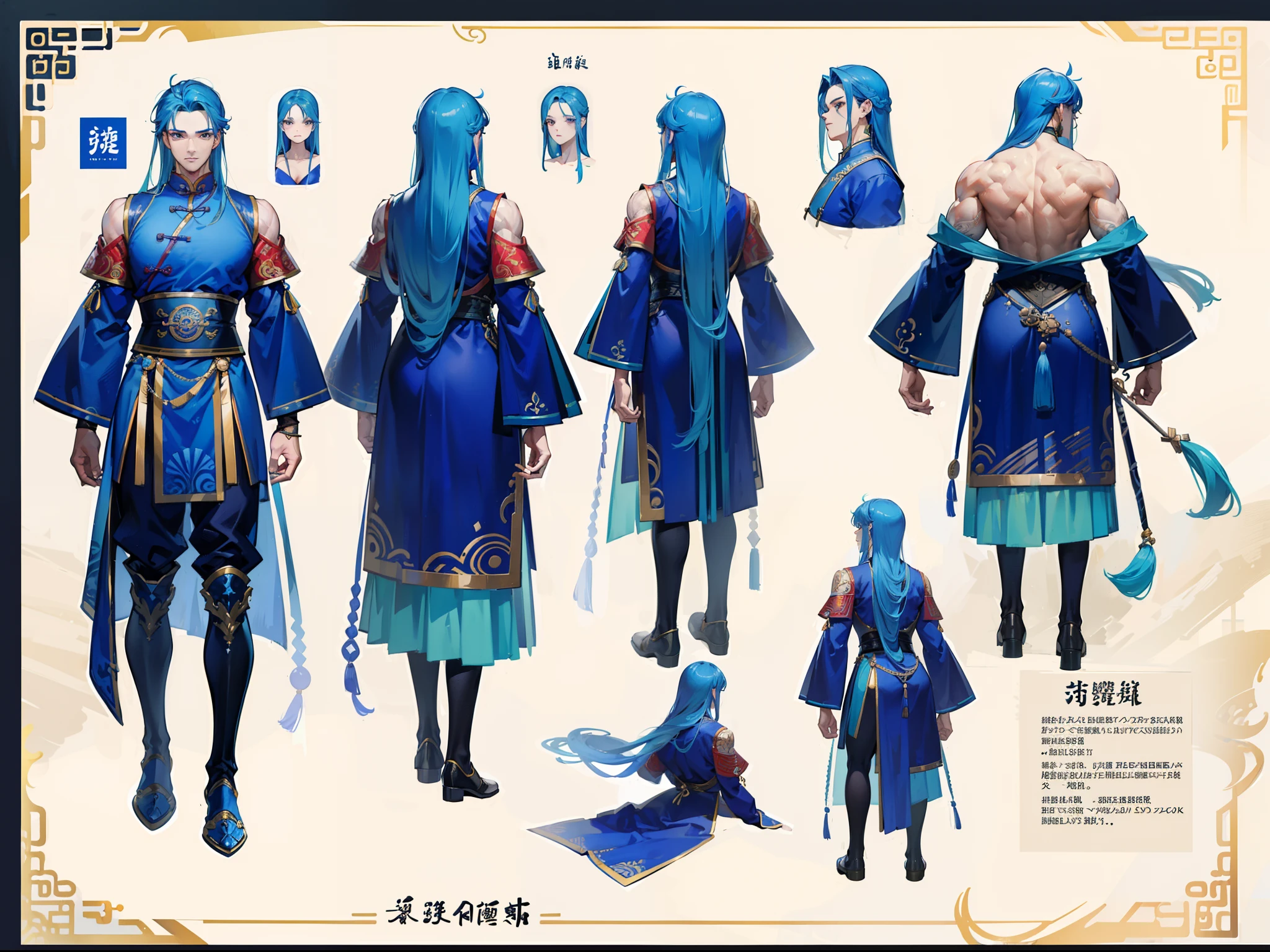 ((Masterpiece, Highest quality)), Detailed face, character design sheet, full bodyesbian, Full of details, frontal body view, back body view, Highly detailed, Depth, Many parts, Muscle boy with long blue hair,handsome man, muscle body, Traditional chinese clothes, man tall