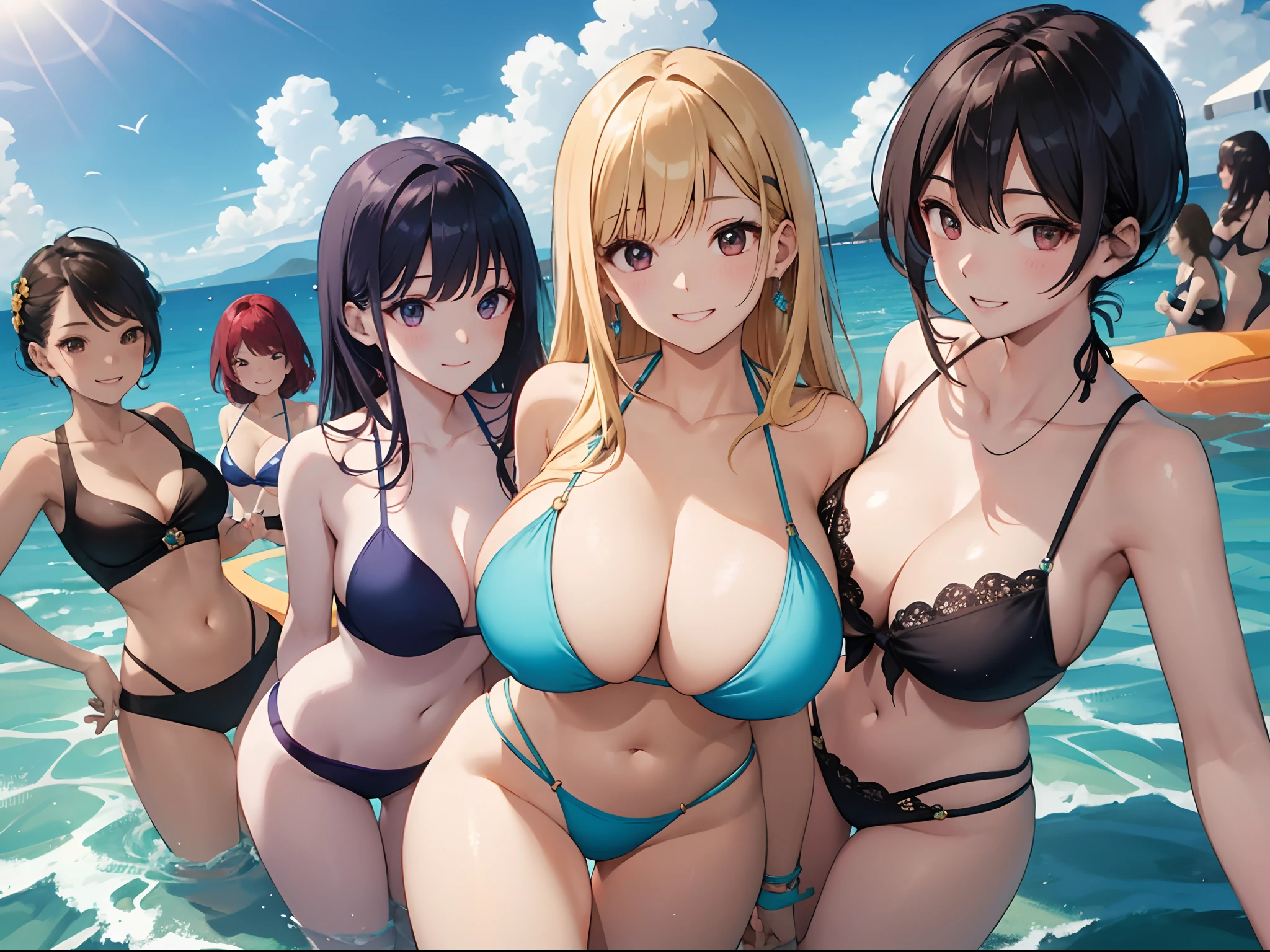 masterpiece、top-quality、detaile、hight resolution、extremely delicate and beautiful、beutiful breast、Smile、multiple female、5 women、4 females、The bikini、pareo、Colossal tits、sea side、see -through、A sexy