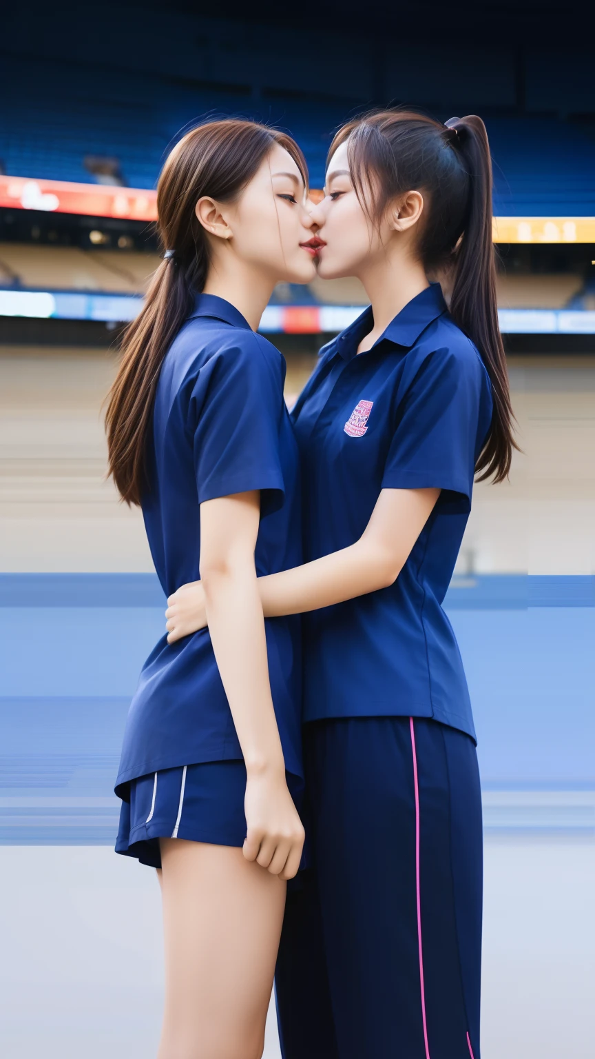 (bestquality,10,10,highres,masterpiece:1.2),ultra-detail,(Realistic,photorealistic portrait,photo-realistic:1.37),1 Cute girl in the football field,oily shiny skin,bara,light smile,BDclothes,((blue shirt:1.3)),short sleeves,Shirt, trousers.,(navy_long_Pants Track:1.1), ((Stadium Background:1.3)),dynamic angle,excited,face focus,Dynamic Poses,from behide,Ass Focus,masterpiece, bestquality, ultra realistic, hyper-detail, 8k resolution, RAW photo, crisp focus, ((Navy blue shirt:1.1)), short sleeves, Long Path, Perfect body, 2 mature women, 18yo, cinematic light,Blue sweatpants,Gymware,Correct anatomy,Complete body, Correct body, sharp face, Anatomically correct body, full entire body, Realistic gestures, long-haired, Realistic poses,Wear long shorts..,Long leg span,Shapely,Sculpting Girl, 2 girls kissing each other, Realistic kissing, Slim figure, mannequin mannequins, Shapely, Beautiful body