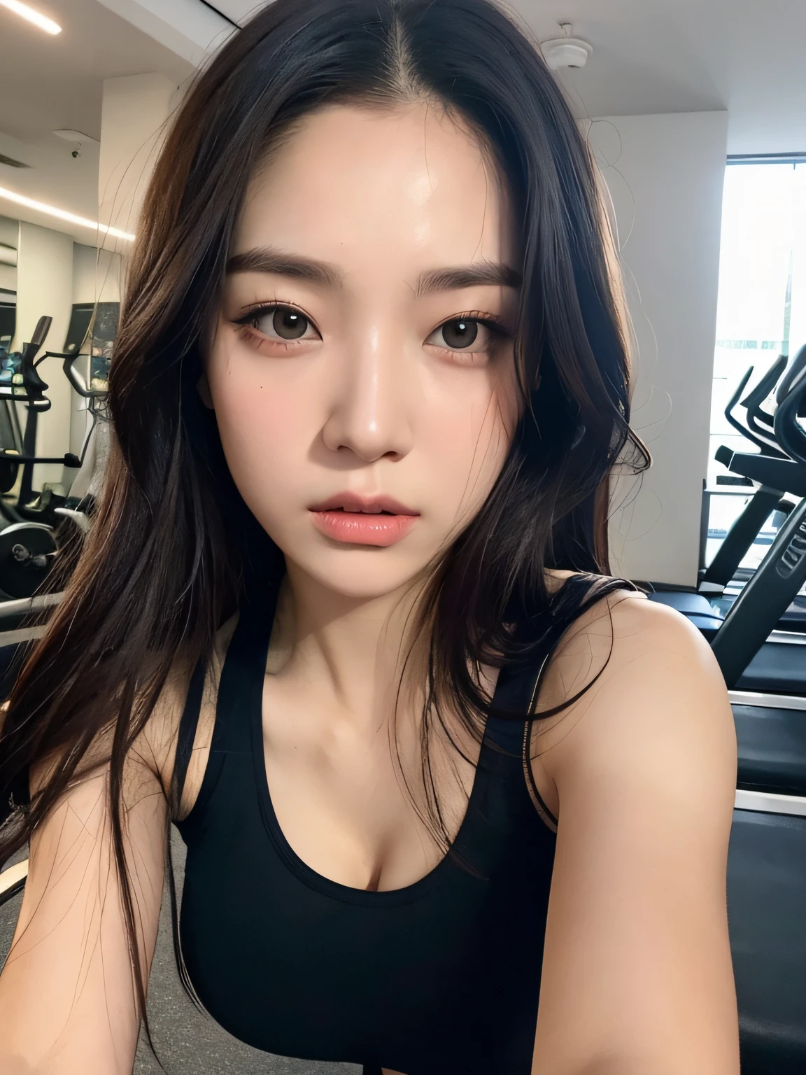 (yinchuan:1.5),, ​masterpiece, top-quality, Raw foto, Photorealsitic, large full breasts、beautiful and flawless face,  Soft smile、20 years girl、training gym、Red Workout Wear、I put out my belly button、Middle hair、depth of fields, hight resolution, ultra-detailliert, finely detail, ighly detailed, extremely detailed eye and face, Sharp pupils, Realistic pupils,