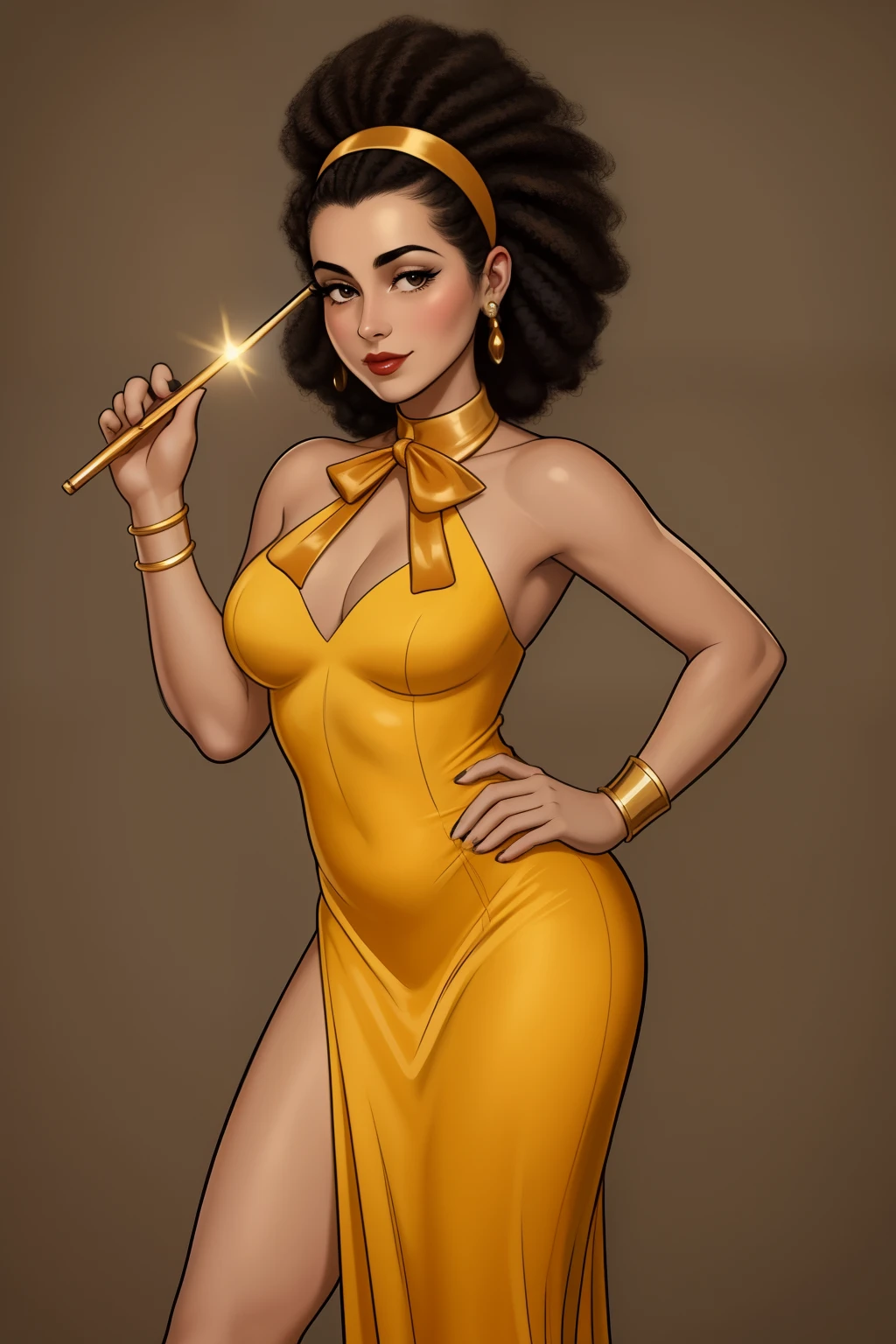 Araffe's wife in a flappper costume holding a wand and wearing a headband, melindrosa, Anos 20, fantasia, Traje de alta qualidade, rugindo vinte anos, 1920s vibes, 1 9 2 0 s estilo pano, Era do Jazz, saia preta curta, 1 9 2 0 s estilo, Estilo dos anos 1920 uma mulher negra, mulata, Morena, imagem de ,corpo inteiro, cabelo afro caindo para a frente, Rasta type but braided,com o corpo perfeito de corpo inteiro lindo seios perfeito, BEAUTIFUL PERFECT LIPS, beautiful perfect hands beautiful image beautiful beauty mayor,