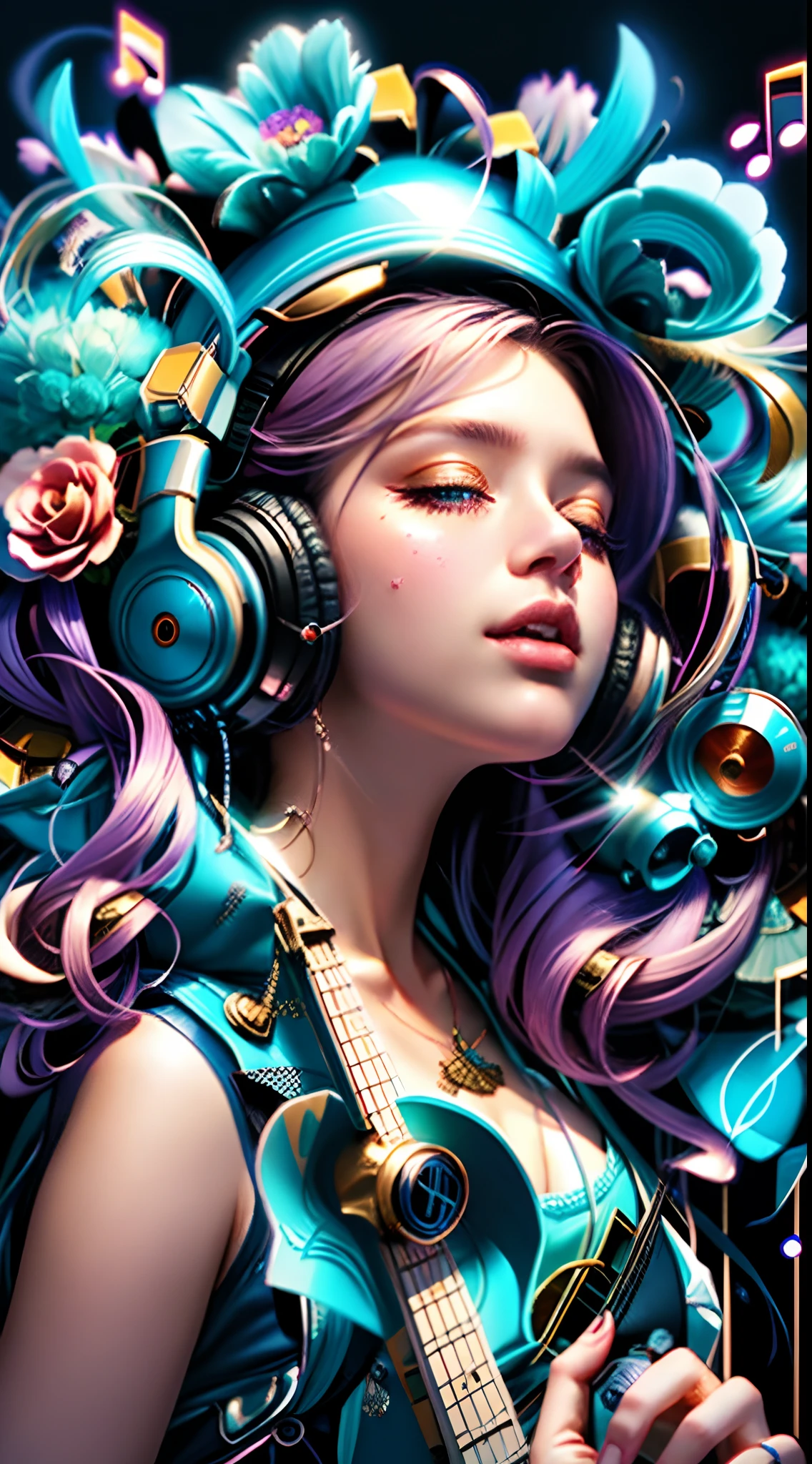 um close up de uma mulher com fones de ouvido e uma guitarra, Beeple e Jeremias Ketner, exquisite digital illustration, bela arte digital, Beautiful digital illustration, stunning digital illustration, lindo arte digital, com fones de ouvido, Artgerm e James Jean, Arte de Alessandro Pautasso, WLOP |, music is life, a beautiful artwork illustration, extremely high quality artwork