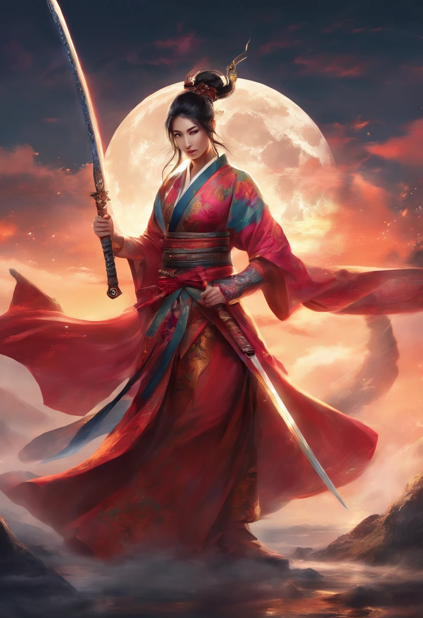 (best quality,4k,8k,highres,masterpiece:1.2),ultra-detailed,(realistic,photorealistic,photo-realistic:1.37),katana fighting stance,black hair,golden eyes,colorful,kimono,serious stare,magical,detailed katana,subtle lighting,Japanese calligraphy,vibrant colors,ethereal atmosphere,depth and shadows,crimson kimono pattern,short flowing hair,sharp focus,impressive swordsmanship,sublime composition,dragon embroidery,serene expression,aura of power,intense concentration,striking contrasts,breathtaking scenery,majestic presence,exquisite craftsmanship,precision and technique,hauntingly beautiful,mesmerizing performance,poetic elegance,dynamic energy,sublime beauty,luminous glow of the moon,seamless brushstrokes,harmony of elements,timeless masterpiece,unforgettable impression