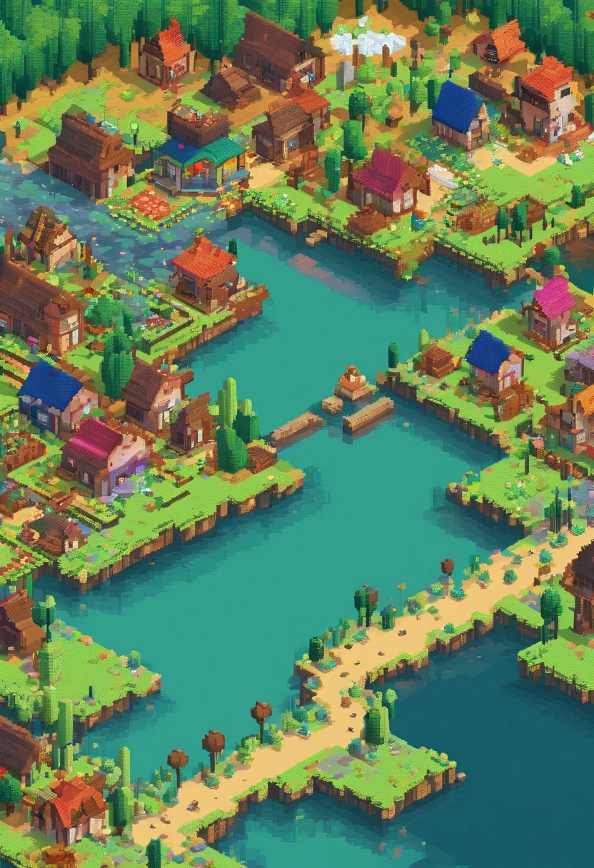 Pixel art calm place landscape.Beautiful sky.Look to a small town. Night. 3d pixel art 4k wallpaper. Incredible pixel art details. Pixel art. Steam waves. Detailed unreal engine pixel art