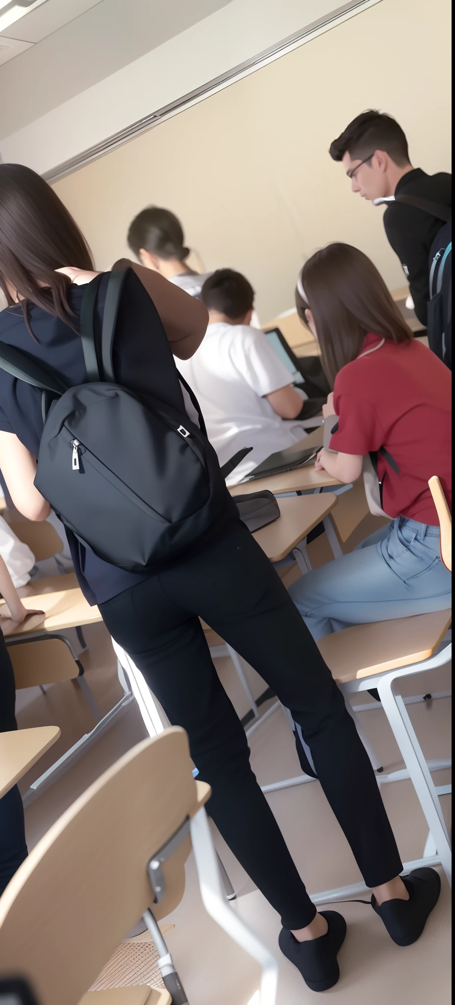 Several people sitting at desks in classroom with laptop, in class, with backpack, sitting in the classroom, standing in class, in the school classroom, Student, candid shot, low quality footage, The man has a backpack, 🎨🖌, She has her back to us, on the table, backpack, taken on iphone, behind the scenes