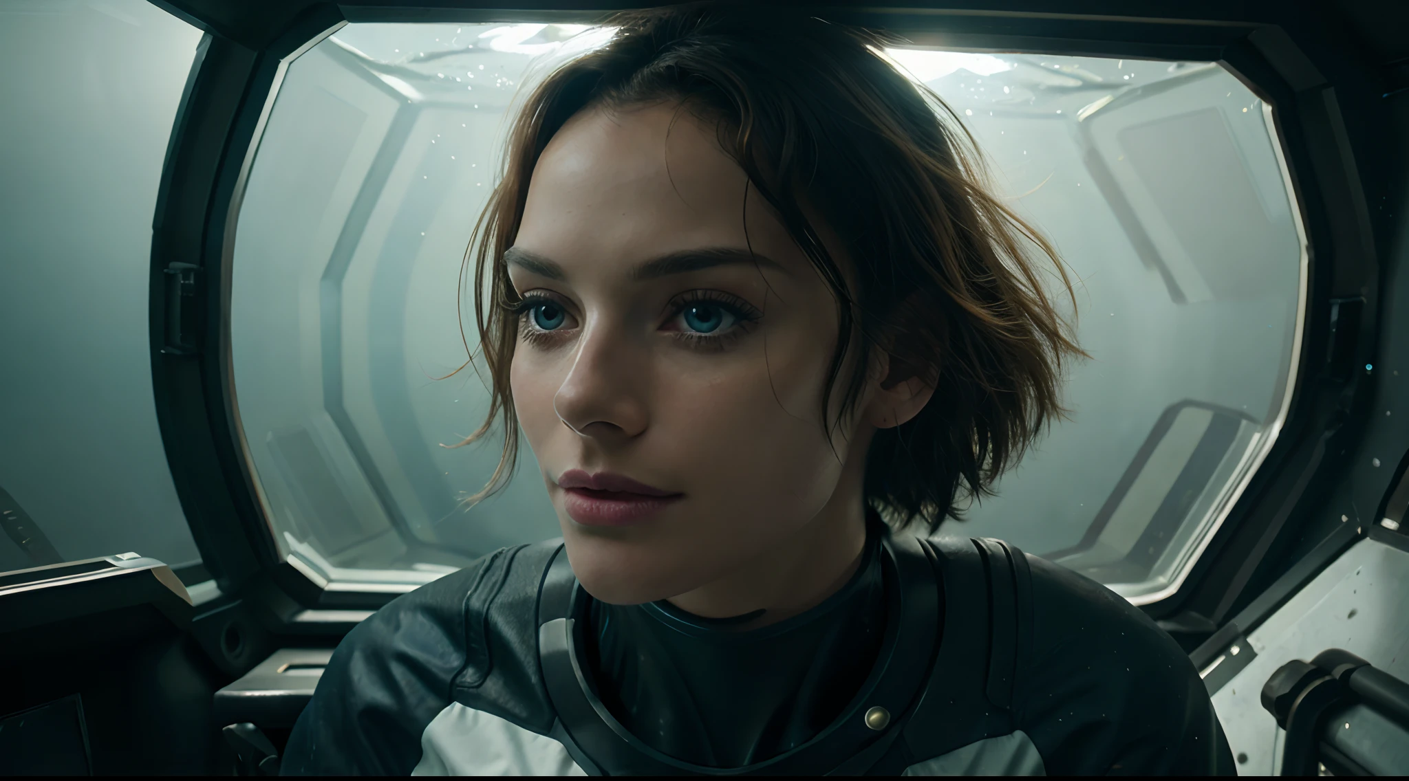 (8k, ARTISTIC photography, best quality, masterpiece: 1.2) close up, woman in an underwater spacesuit, (scene from the movie: The Abyss), (luminous deep sea creatures around her:1), best quality, sunlight, detailed face, gorgeous eyes, realistic skin details, high quality, seen from below, romantic, high quality, film grain, Cinematic Light, sidelighting, sharp focus