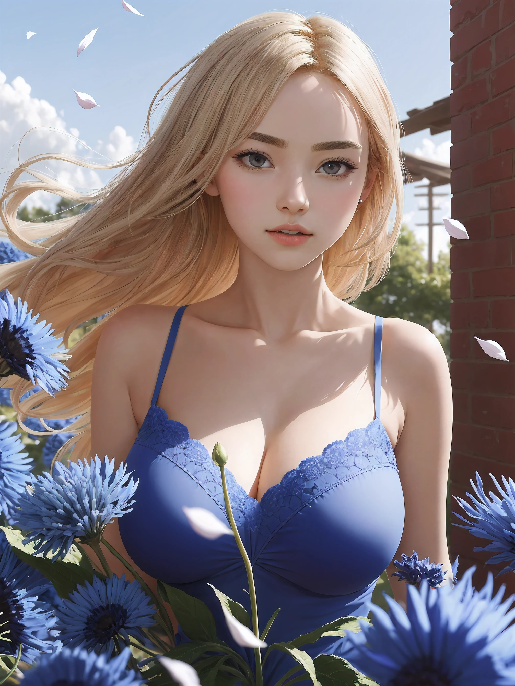 (best quality, masterpiece:1.2), (best illustration), (extremely detailed illustration), (looking at viewer:1.4), (full_body:0.8), (1girl, yo, cute:1.6), (gigantic breasts:1.2), breasts, cleavage, collarbone, confetti, falling_leaves, falling_petals, flower, breasts, leaves_in_wind, lips, motion_blur, petals, petals_on_liquid, wind, (intricate, extremely detailed), (cornflower), blonde_hair,