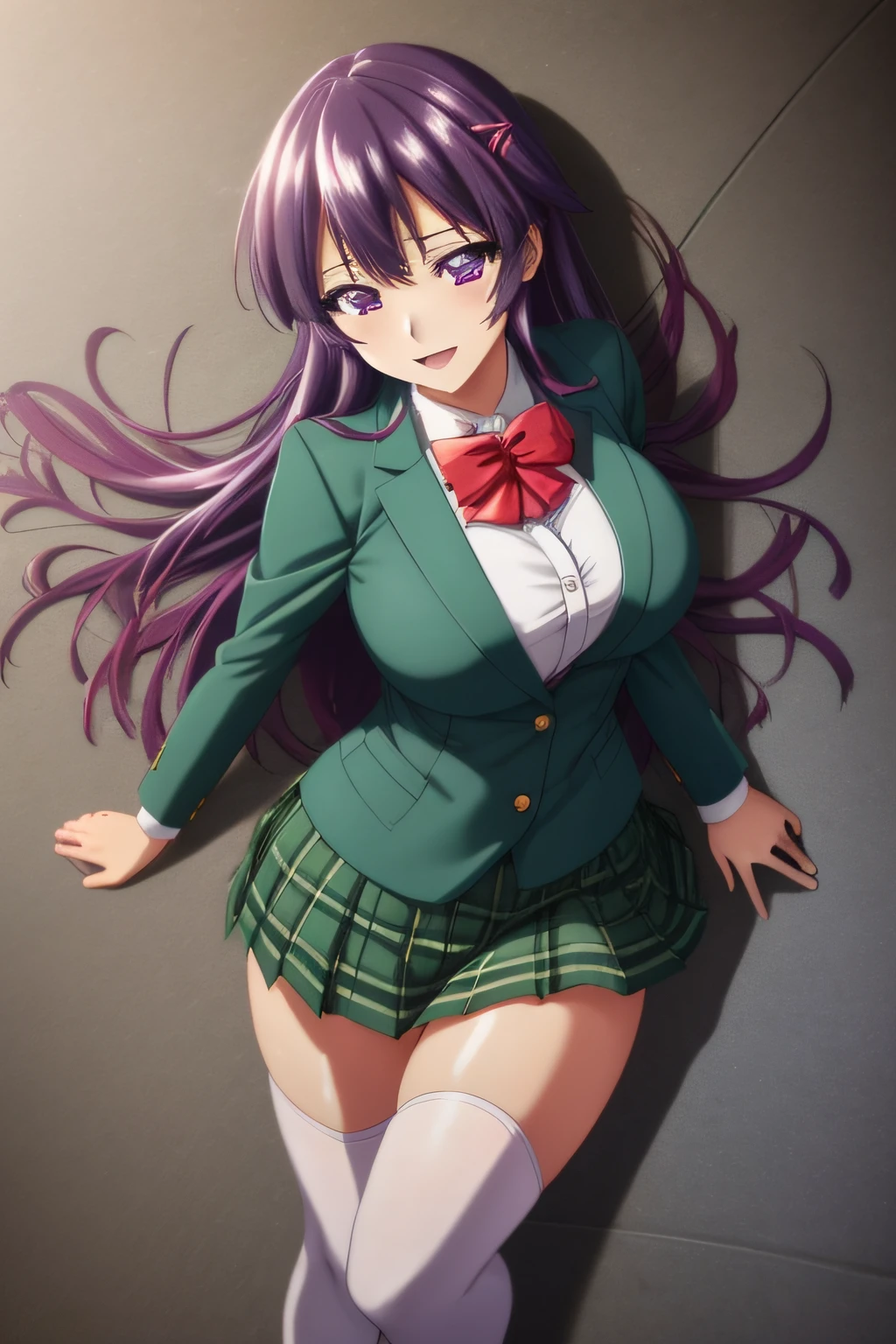 ((Best Quality)), ((masutepiece)), ((Perfect composition)):1.5, ((Perfect Anatomy)):1.5, Illustration, hight resolution, prefect lighting, Dynamic Angle, (((Clean and clean))), absurderes, (((Clean and clean))), Untrustworthy absurdity, 1girl in, sole, Standing, Chizuru-chan Kaihatsunikki, mature, Sexy, Spread , , Full body, Purple hair, Long hair, hair clips, Purple eyes, School uniform, Green pleated skirt, Red choker, , See-through:1.1, ((zettai ryouiki)), , Huge breasts, Playing, femdom, Open mouth, Happy, Smile, enchanting expressionless, Happiness, which are full of confidence, having fun, (Detailed face description), (Detailed eye description), Lying, Seductive, Advanced CG, amazing quality, Octane Rendering.