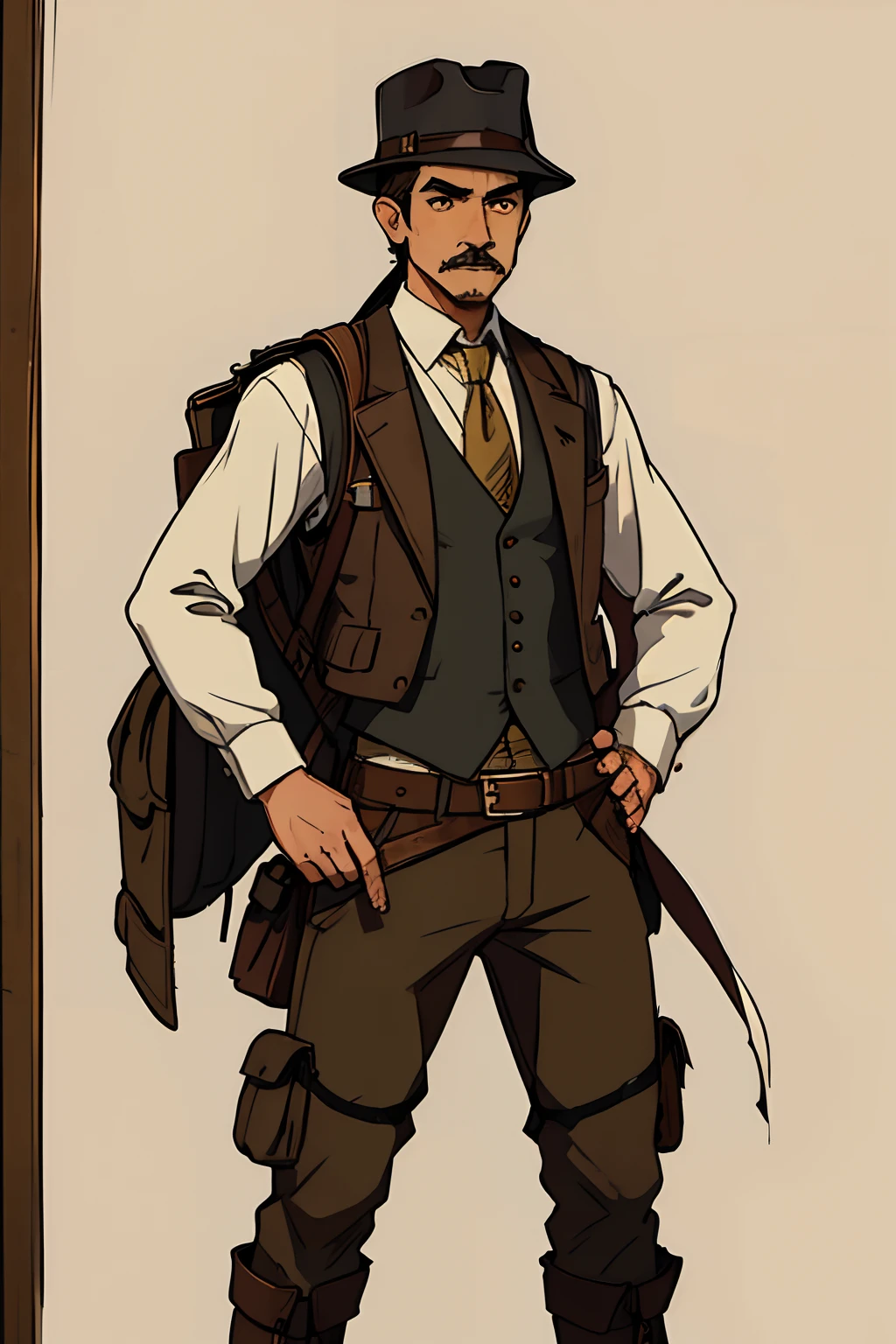 White and not very pale skin, no beard, a thin brown mustache of medium size, he wears a wide-brimmed brown hat similar to that of an explorer and his straight brown hair falls out of the hat, he wears a pair of round glasses, he is dressed in an adventurer's vest with pockets and padded, underneath the vest he wears a formal white shirt with a slightly yellowish polo collar sticking out of the vest, he wears a black scarf around his neck tied by the collar of his shirt, he carries a backpack on his back which contains several pockets, a shoulder bag across the body and on its strap are some item holders, wears a brown leather belt and in it is an Egyptian kopesh sword, as well as an ammunition holder and notebook along with a medical kit, he is wearing brownish, padded pants similar to those of an explorer and wears brown high-top combat boots.