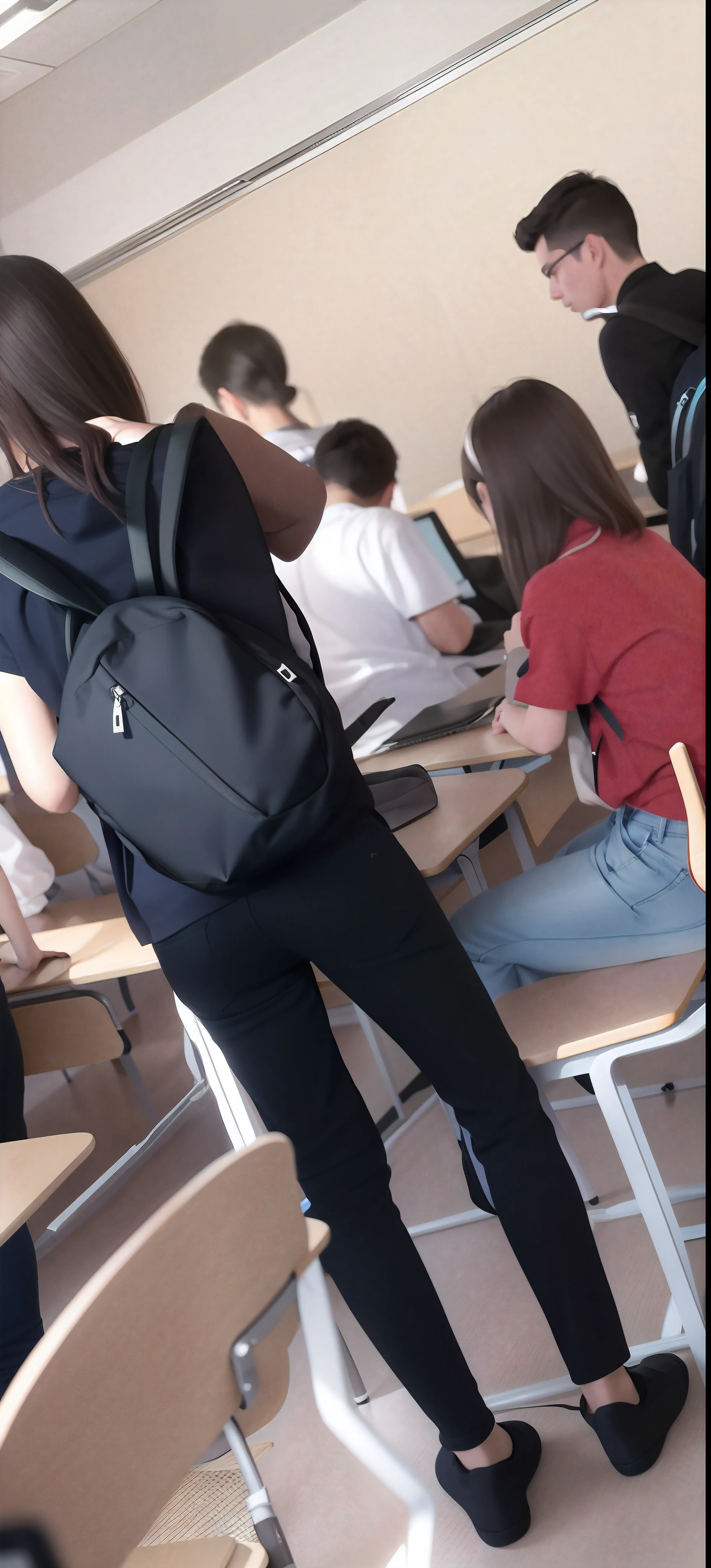 Several people sitting at desks in classroom with laptop, in class, with backpack, sitting in the classroom, standing in class, in the school classroom, Student, candid shot, low quality footage, The man has a backpack, 🎨🖌, She has her back to us, on the table, backpack, taken on iphone, behind the scenes