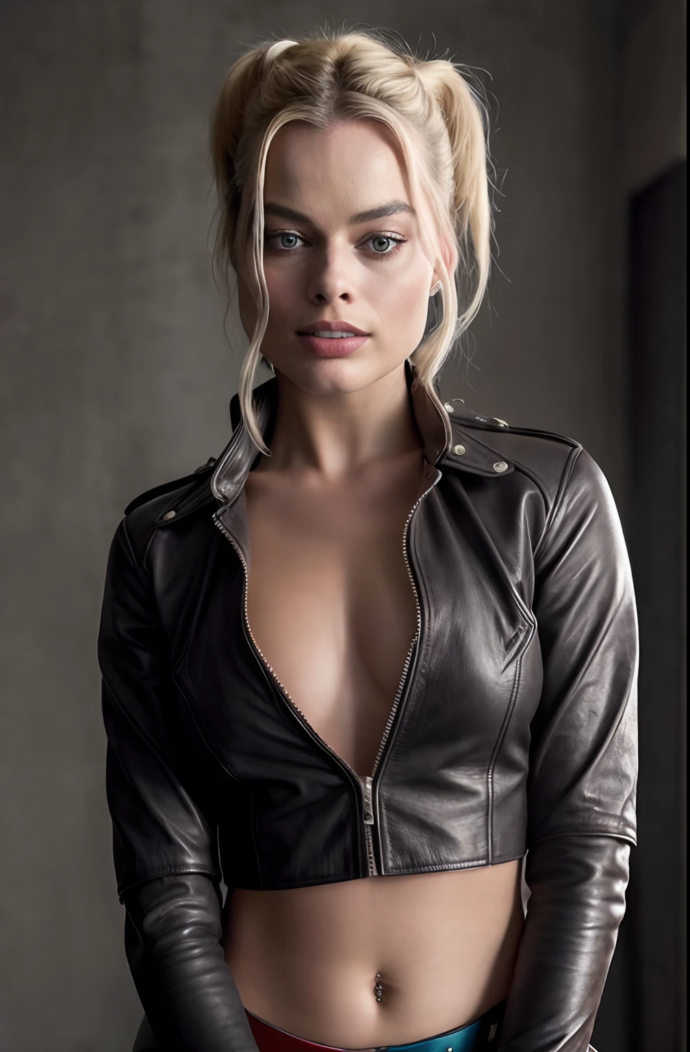 Margot Robbie: Harley Quinn, Coupe en cuir sur toute la longueur, superréaliste, Hyperrealistic, detailded, affiche de film, realistic skin, Fujifilm XT3, High-resolution image quality, photo shoot (peau: 0,8, Taupes: 0,05), (very detailed skin), Margotrobbie se penche en avant, sur deux, cuir, cul, sexy, corps, montre son ul