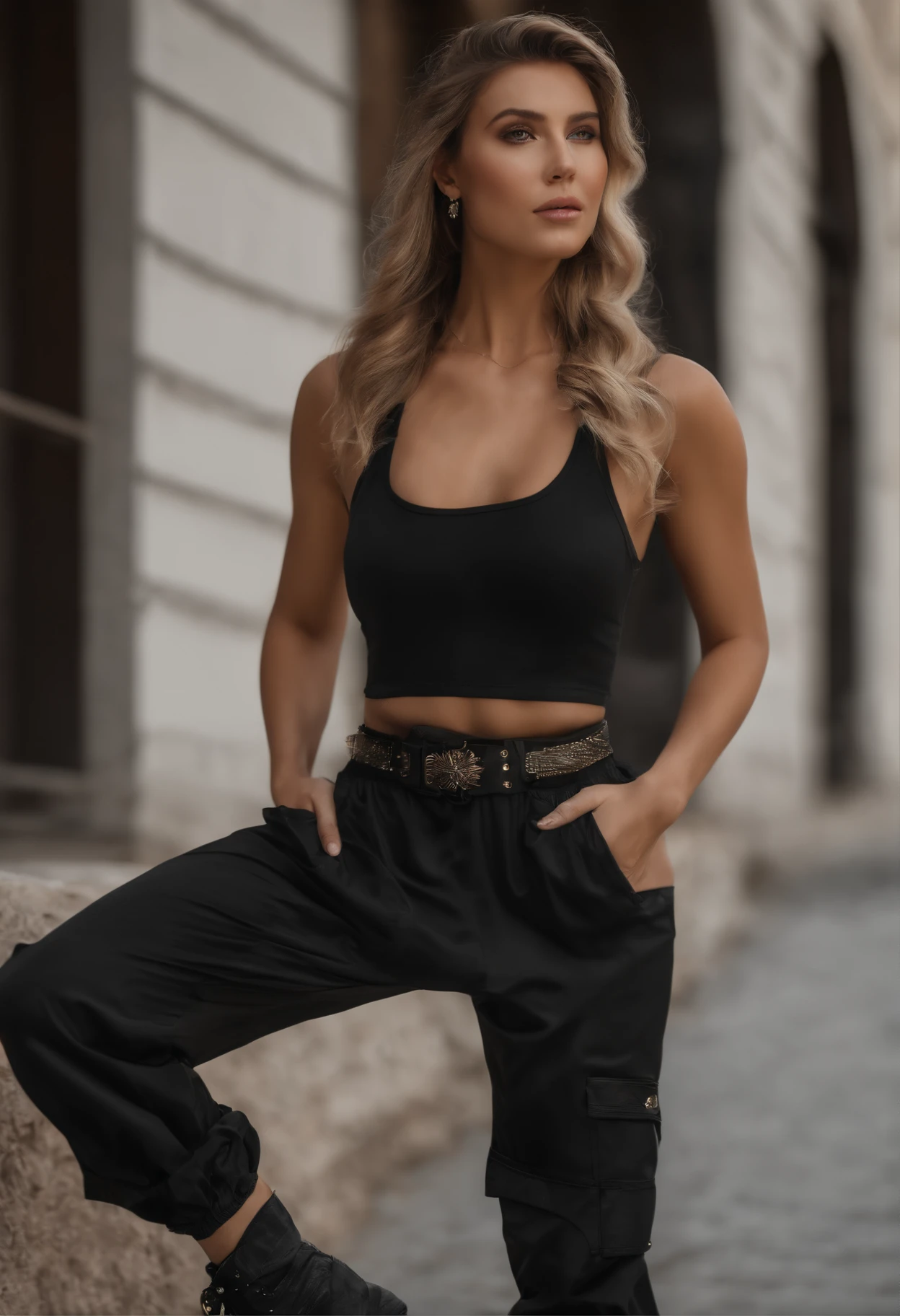 Women's Welded with Nylon Polyester Ultra Loose Harem Cargo Utility Pants with Pockets Tucked into Knee-High Heel Boots Tank Top & Belt Chest Straps Meticulously Detailed Full Body View, Raw photography、22-year-old girl, (1chica en)、(realista)、(Fotorrealista:1.5)、LipstickOrnpecas、(Raw photography、8k UHD、film grains)、Delineador agudo、Blush Eyeshadow With Thick Eyelashes、extremadamente delicado y hermoso、8k、(Soft lighting)、Alta calidad、high resolusion、foco nítido、ighly detallado、during the day、(luz del sol en la cara)、hermosos ojos detallados、 Ojos y cara extremadamente detallados、obra maestra、(lighting like a movie)、(Piel de alto detalle:1.2)、8k UHD、DSLR、Soft lighting、Alta calidad、film grains、obra maestra, highest qualityr, alta calidad, High resolution