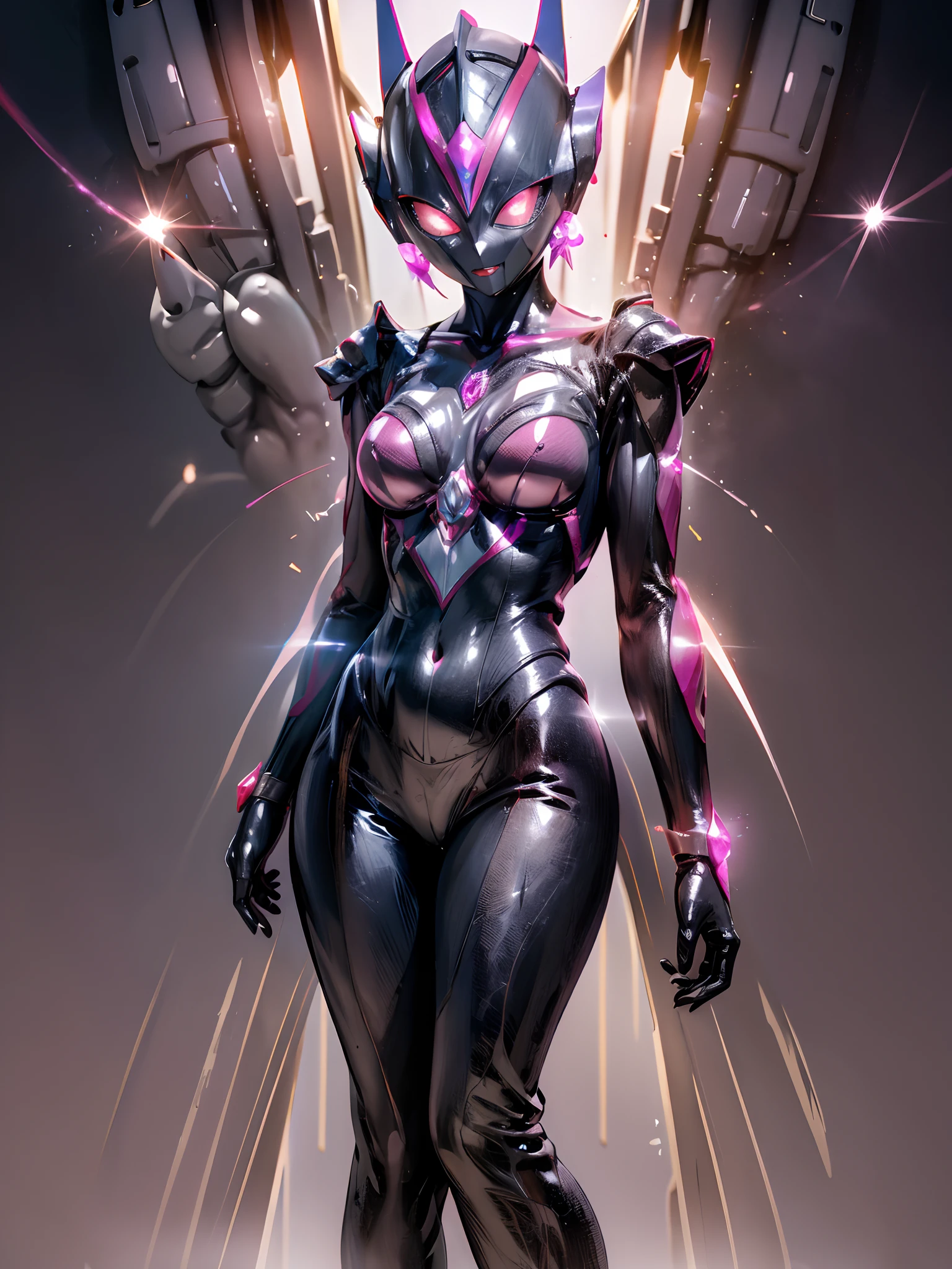 The beautiful figure of Ultraman Woman, Cover his true face with a black mask, Female Solo, Alien eyes shine。The whole body is covered with a black bodysuit, One female protagonist, Pink lines all over the body, Crystal shining on the head。The chest has a radiant core, Dark background,