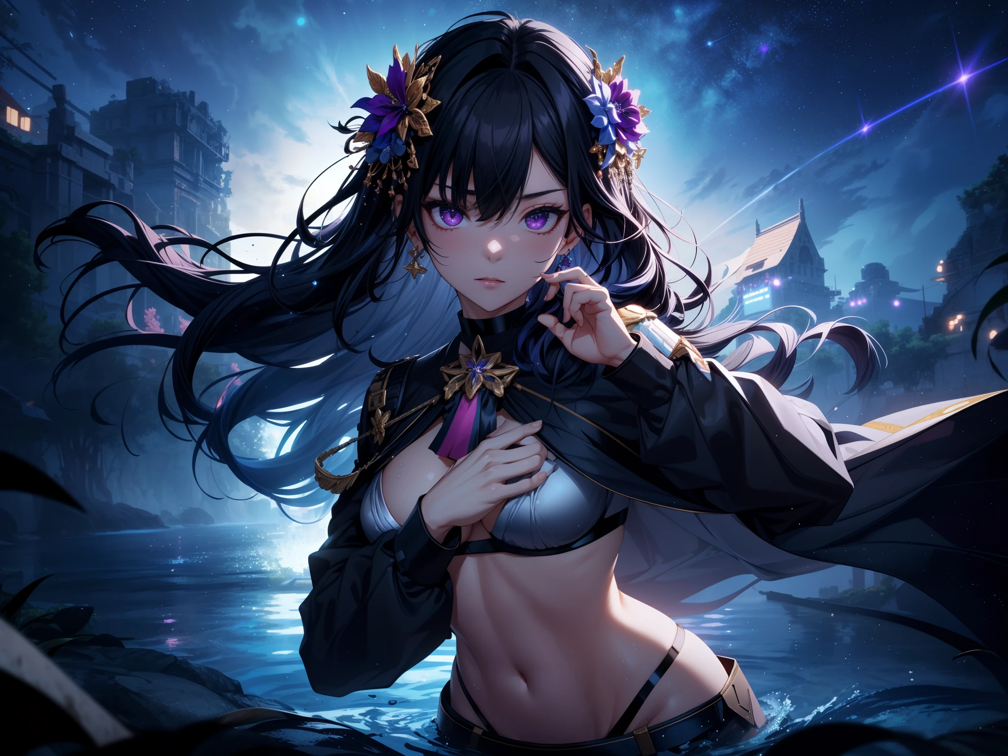 ((of the highest quality)), ((masutepiece)), ((Perfect face)), (Ultra Detail), Add_detail:1, Add_detail:0, Add_detail:0.5,、Add_detail:2 (highest details) Add_detail:1.5 (Better Details) Add_detail:1 (good detail) Add_detail:0.5 (less details) Add_detail:0 (less details) Add_detail:-0.5 (Even less detail) Add_detail:-1(Even less detail), NSFW, Sharp Focus, depth of fields, Cinematic lighting, detailed costume, Lots of detail and texture,
1girl in,Tall body, (Beautiful detailed eyes:1.2), Purple eyes, Eyelashes, bikini of,, , Ichinoseuru Halong Hair, Black choker with multicolored hair, Hair Flower Ornament Neck Ribbon Multicolor Black Shorts, earrings, , Sweaty skin, Feeling tired, (Cinematic Effects)
, Still sleepy, Woozy, Oh my ass itcFantasy World, swimming pools, Pool at night, (((Starry sky reflected on the surface of the water))),
close-up, focus on the ass,
citynter,
Casual gestures of everyday life, Scenes that make the viewer nervous, little sweat, medium breasts, kawte, Cool, Fantasy World, iridescent, (light Particle), Dynamic Angle, Dynamic Pose,,