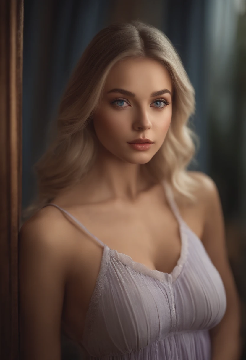 fille sexy aux yeux bleus, ultra realist, Meticulously detailed, cheveux blonds et grands yeux, selfie of a young woman, sans maquillage, maquillage naturel, looking straight at camera, Maquillage subtil, Superbe photo du corps entier, dans la chambre, Medium to large bust, nu