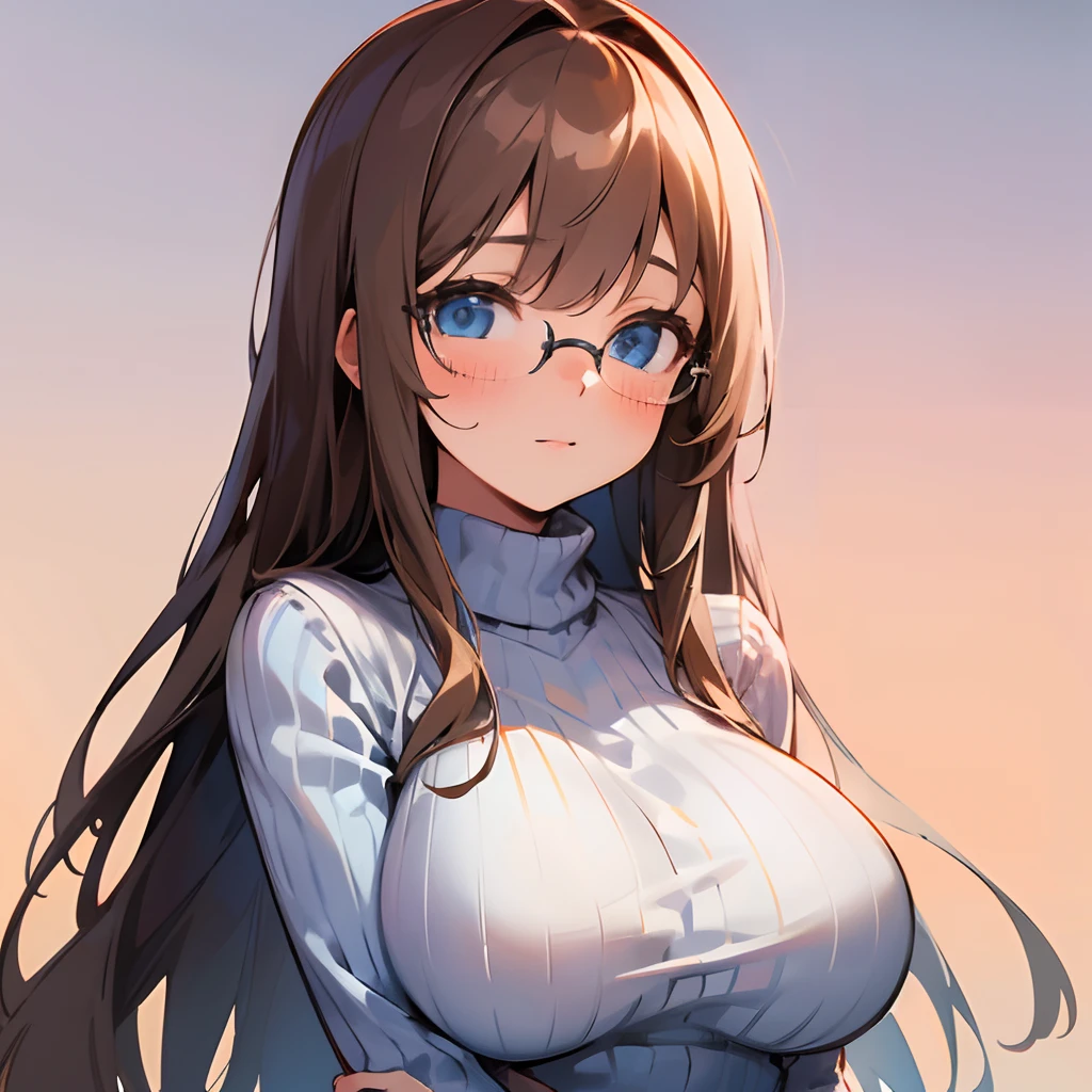 1girl, long brown hair, blue eyes, big breasts, white ribbed sweater, glasses, blush, shy expression, solo, best quality, masterpiece, portrait, simple background, looking at the camera, from the front, 1result, vibrant, detailed, perfect anatomy, detailed art, high definition, 4k, high resolution