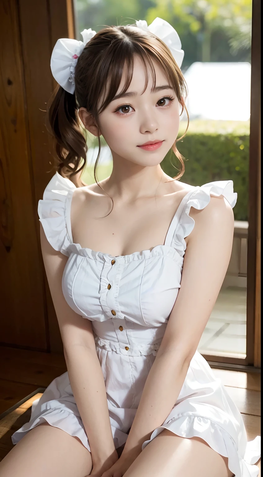 14years, Adorable, Japan Girl, 14years,Smile,Curtsey,   (frilled white dress:1.2)  , hair scrunchie, Twin-tailed  , (High color saturation,catchlight:1.0),  (highlydetailed skin), (Best Quality:1.0), (超A high resolution:1.0) ,(photographrealistic:1.0), (ultra-detailliert:1.0), (8K, Raw photo:1.1), ( downbrouse:1.0),(See-through)