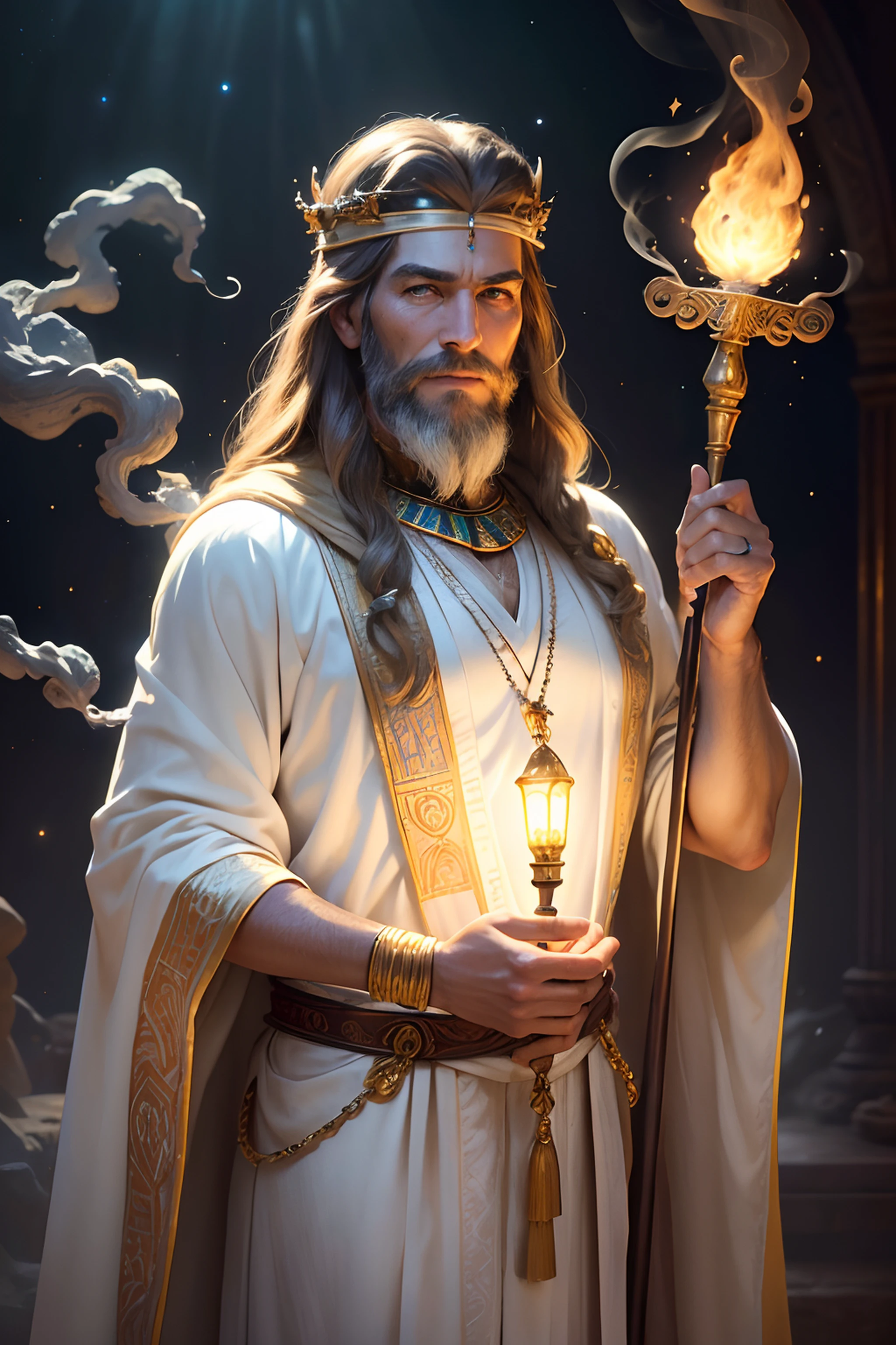best quality,highres,masterpiece:1.2,ultra-detailed,realistic:1.37,(detailed),(vivid colors),(physically-based rendering),(bokeh)
Egyptian djedi,(detailed),(realistic:1.1),long white beard,(wearing a traditional robe),(holding a staff),(with hieroglyphics engraved on the staff),(extremely detailed face),(golden headdress:1.1),(wrinkles on the face:1.1),(aged appearance:1.1),piercing eyes,(wise expression),(with a serene smile),(standing in a confident pose)

Jesus Christ,(detailed),(realistic:1.1),kind expressive eyes,(facial hair),(long hair),(halo above the head),(gentle expression),(with open arms),(wearing a white robe),(with a feeling of peace),(radiating divine light)

The Cosmos,(detailed),(realistic:1.1),stars shining brightly,(galaxies in the background),(nebulae),(celestial bodies),(vibrant colors),(infinite expanse),(awe-inspiring),(mysterious atmosphere)

The setting,(detailed),(realistic:1.1),an ancient temple,(with intricate carvings on the walls),(dimly lit by torches),(hint of incense in the air),(wisps of smoke),(mystical atmosphere)

Overall lighting,(studio lighting),(soft and warm),(illuminating the characters),(creating depth and dimension)

Color palette,(golden hues),(warm tones),(with hints of blue),(creating a mystical atmosphere)

NOTE: The above prompt is an example and you can further customize it as per your requirements. Remember to use the "," separator between tags, avoid explanations or additional text, and limit the number of tags and words within the given constraints.