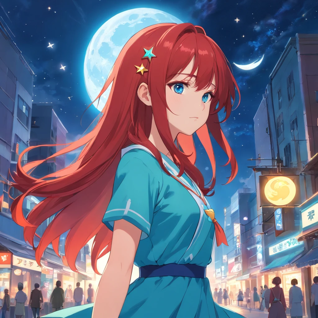 1 girl, Red long hair, There are moon and star hairpins in the hair, cyan eyes, On the face there is a sign of the moon and two stars, Blue dress and blue shoes, On the neck there is a pendant in the shape of a star