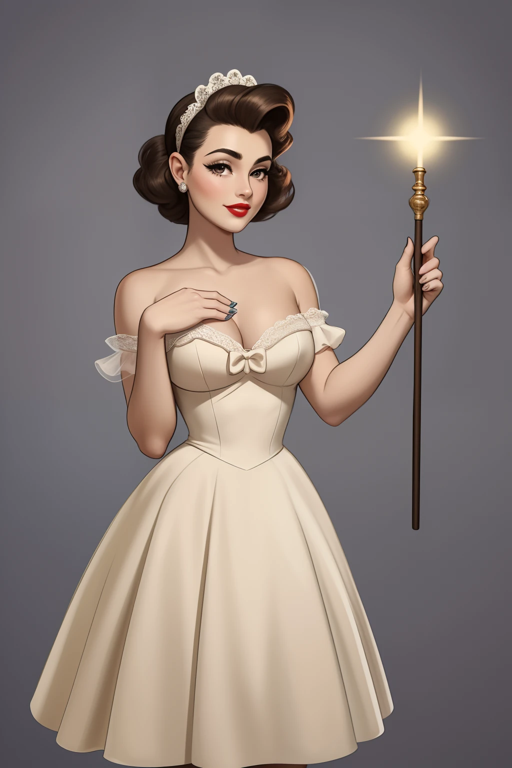 Araffe's wife in a flappper costume holding a wand and wearing a headband, melindrosa, Anos 50, fantasia, Traje de alta qualidade, rugindo vinte anos, 1950s vibes, 1 9 5 0 s estilo pano, Era do rock, saia preta curta, 1 9 5 0 s estilo, Estilo dos anos 1950 uma mulher branca, mulata, Morena, imagem de ,corpo inteiro, cabelo estiloso caindo para a frente, Merylin type monroe braided,com o corpo perfeito de corpo inteiro lindo seios perfeito, BEAUTIFUL PERFECT LIPS, beautiful perfect hands beautiful image beautiful beauty mayor,