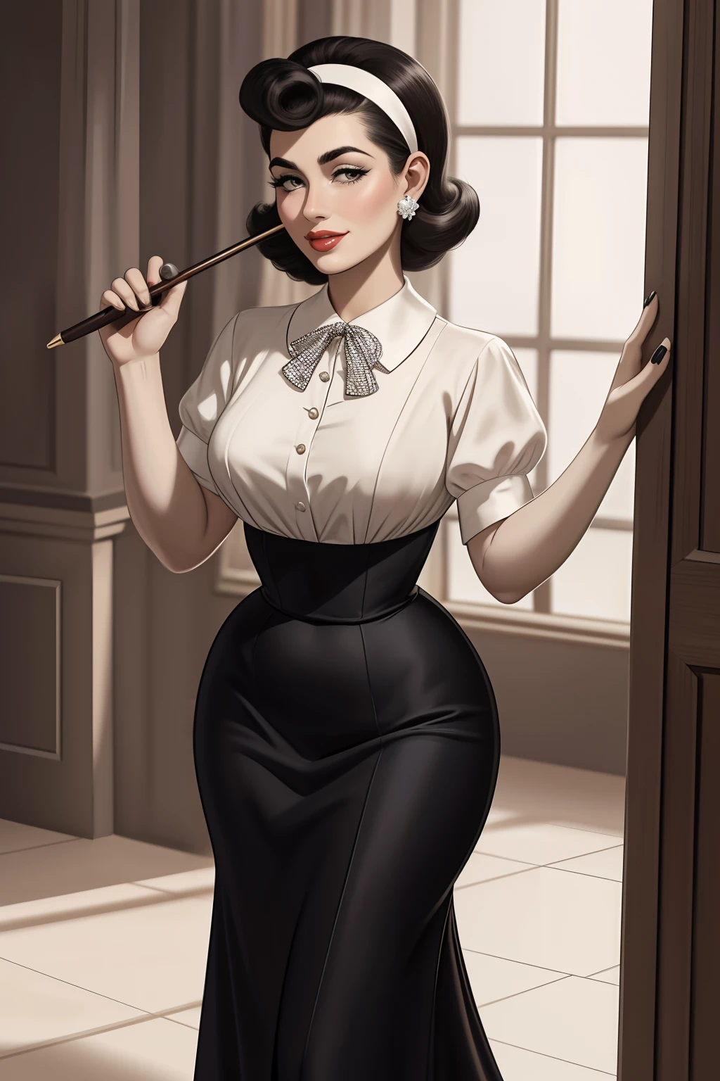 Araffe's wife in a flappper costume holding a wand and wearing a headband, melindrosa, Anos 50, fantasia, Traje de alta qualidade, rugindo vinte anos, 1950s vibes, 1 9 5 0 s estilo pano, Era do rock, saia preta curta, 1 9 5 0 s estilo, Estilo dos anos 1950 uma mulher branca, mulata, Morena, imagem de ,corpo inteiro, cabelo estiloso caindo para a frente, Merylin type monroe braided,com o corpo perfeito de corpo inteiro lindo seios perfeito, BEAUTIFUL PERFECT LIPS, beautiful perfect hands beautiful image beautiful beauty mayor,