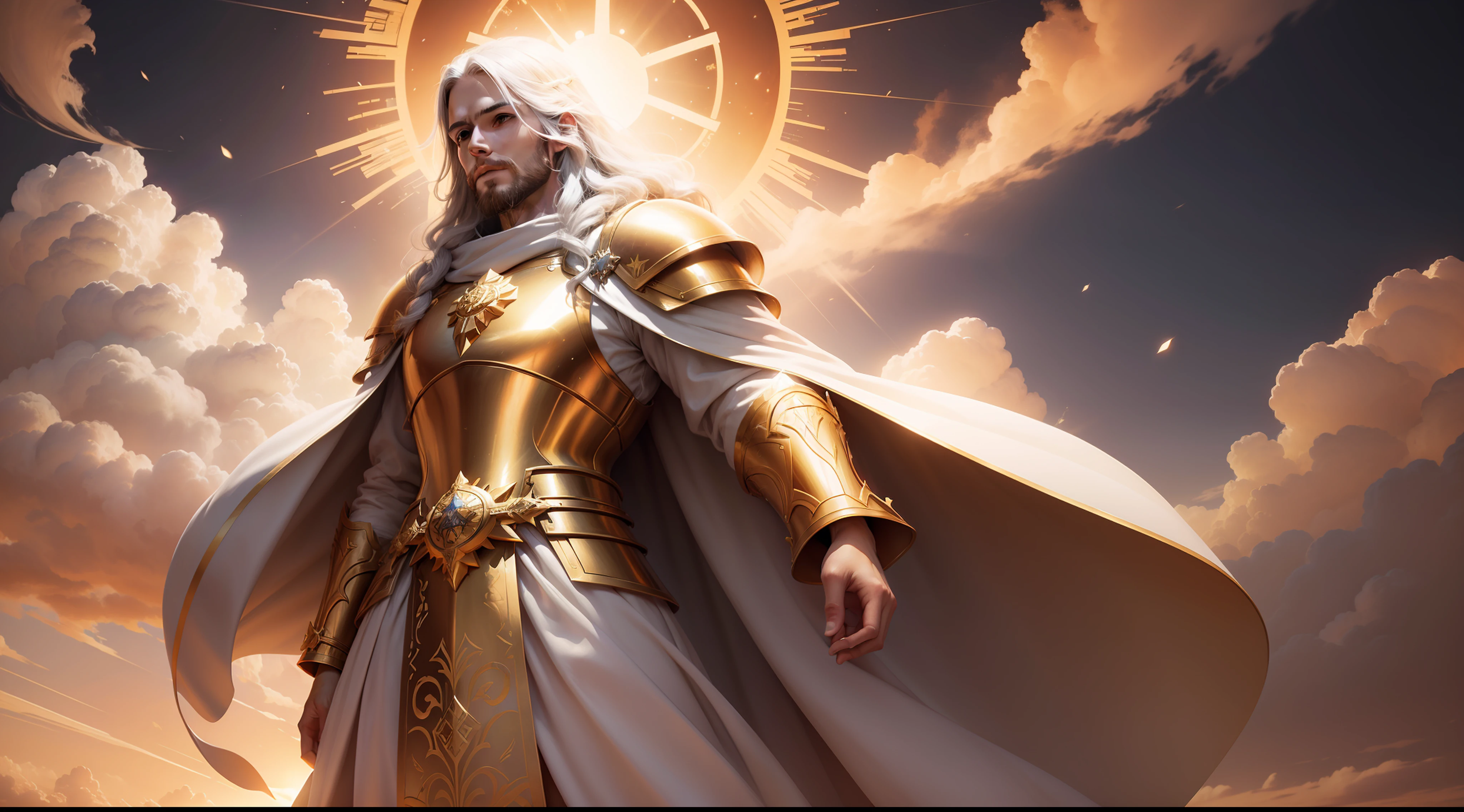 Jesus second coming in the heavens, face like the midday sun, crown, a tunic and a golden breastplate, hair as white as snow, eyes as flames of fire, feet as refined bronze in the furnace, light smile, Surrealism, backlighting, cinematic lighting, high quality, high details, best quality