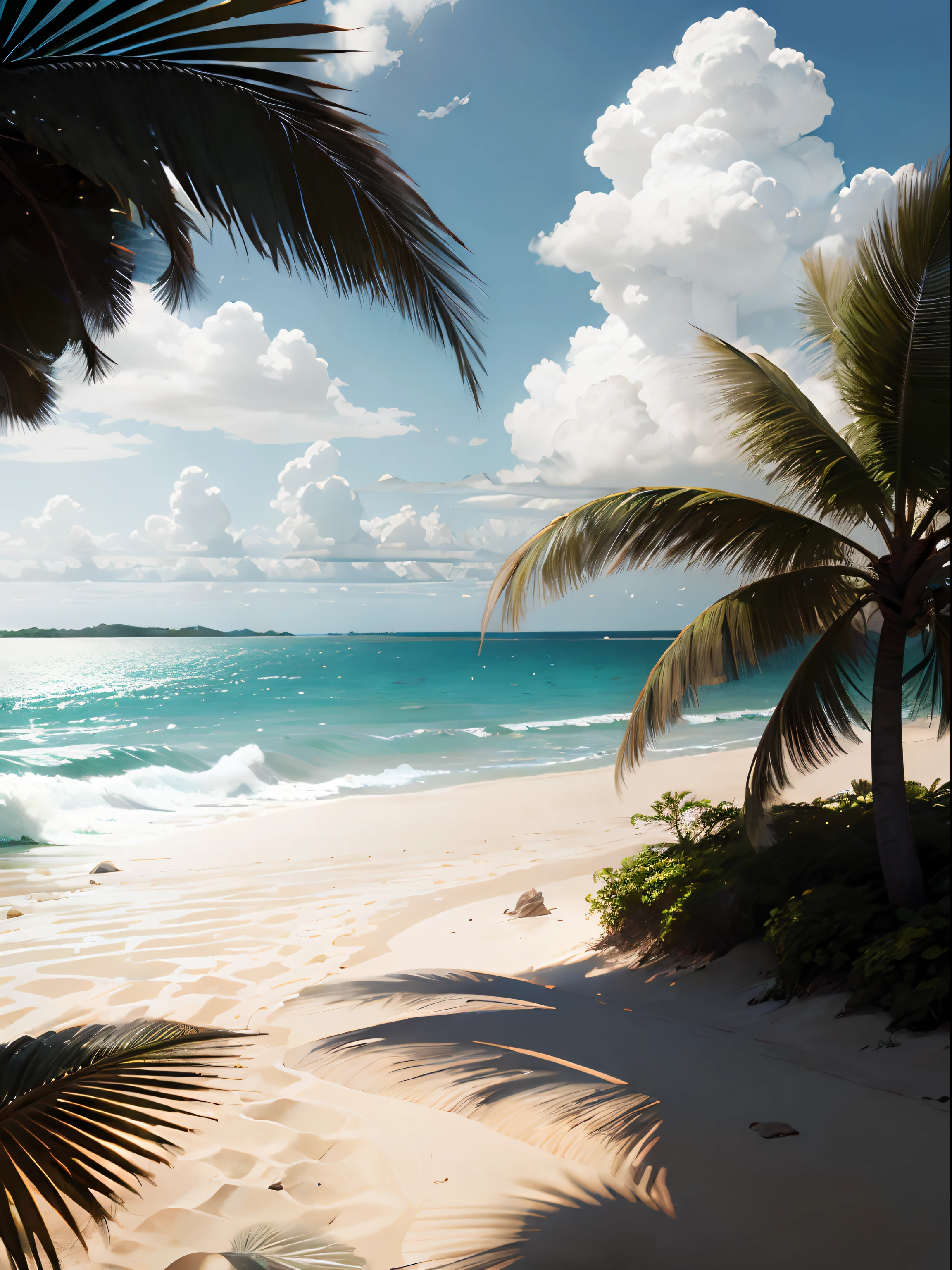 Paradise beach, crystal water, sol, nuvens, palmeiras, illustration in cartoon style. Adicionar elementos naturais, E use uma paleta de cores suave para criar uma atmosfera relaxante.