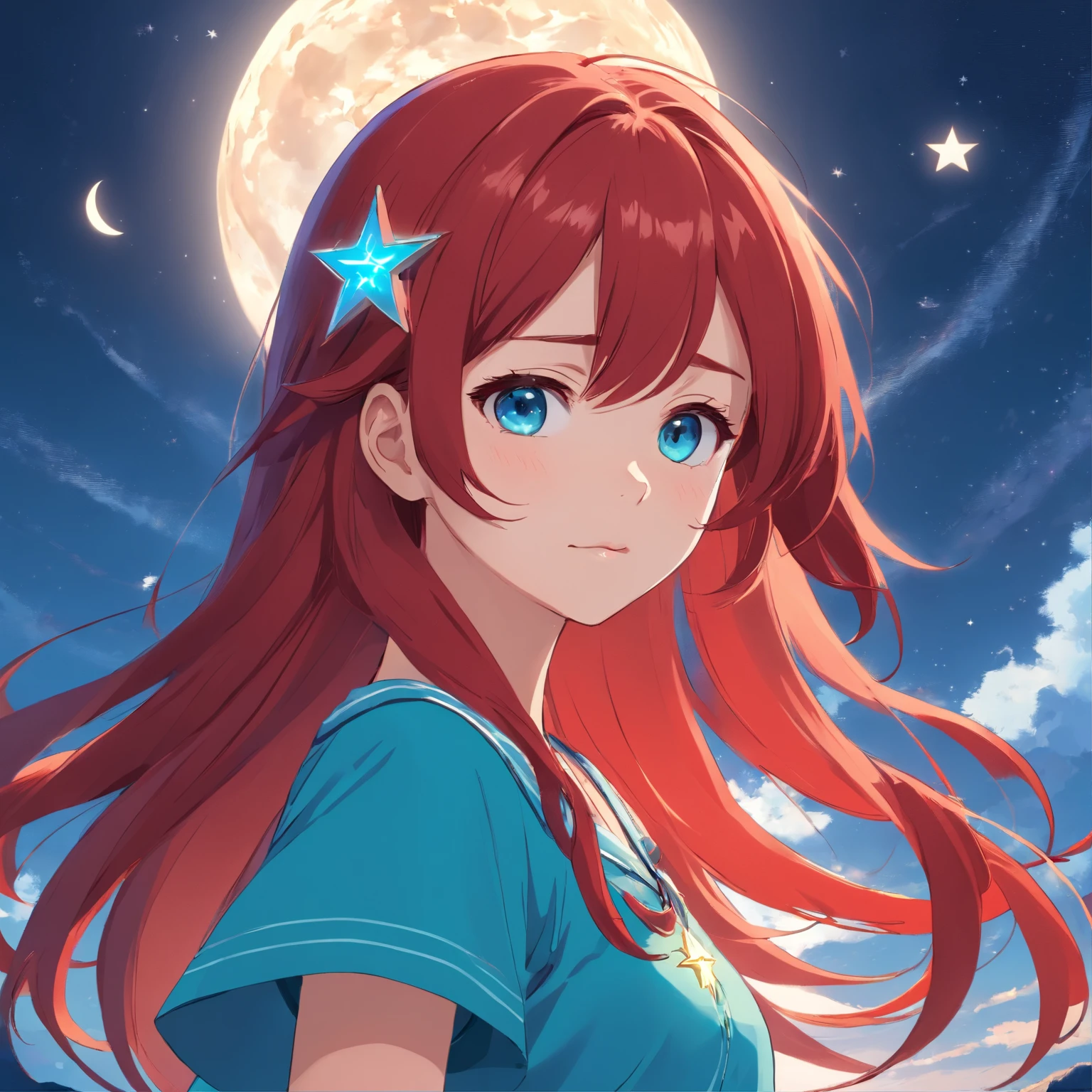 1 girl, Red long hair, There are moon and star hairpins in the hair, cyan eyes, On the face there is a sign of the moon and two stars, Blue dress and blue shoes, On the neck there is a pendant in the shape of a star