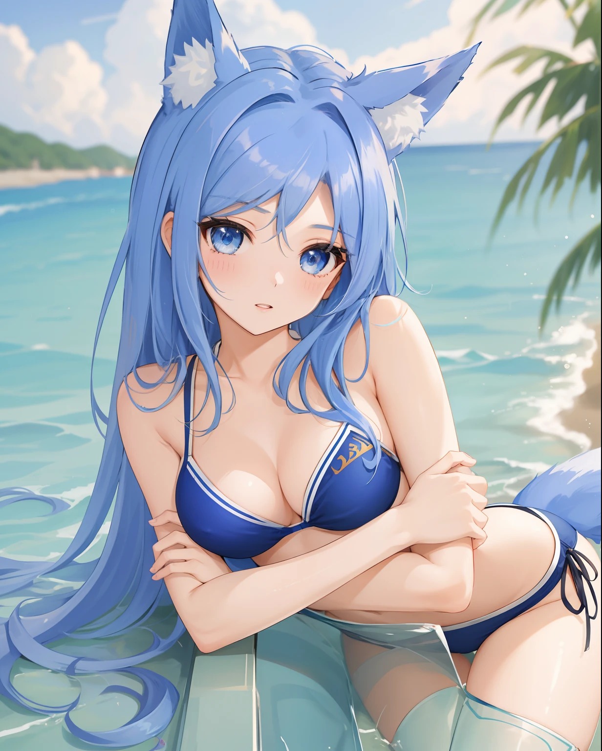 chaesu-minah, 1girl, solo, blue bikini, blue eyes, blue hair, at the beach, 8k, high resolution, shallow depth of field, high detai, at the beach, masterpiece, best quality, highly detailed, fox girl, fox ears, fluffy blue fox tail,