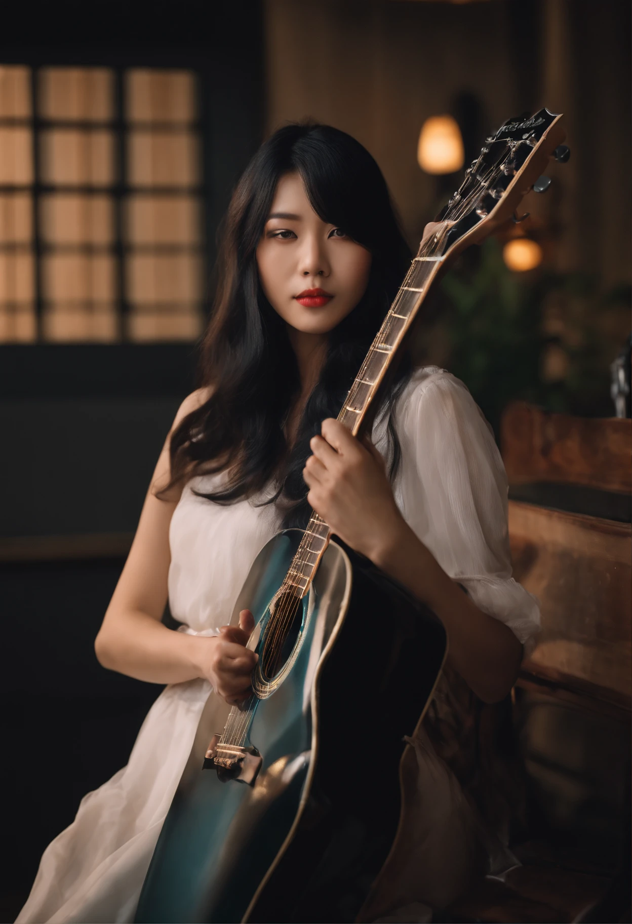 guitar、Black Hair Mesh、Beautuful Women、recital、japanes、20yr old