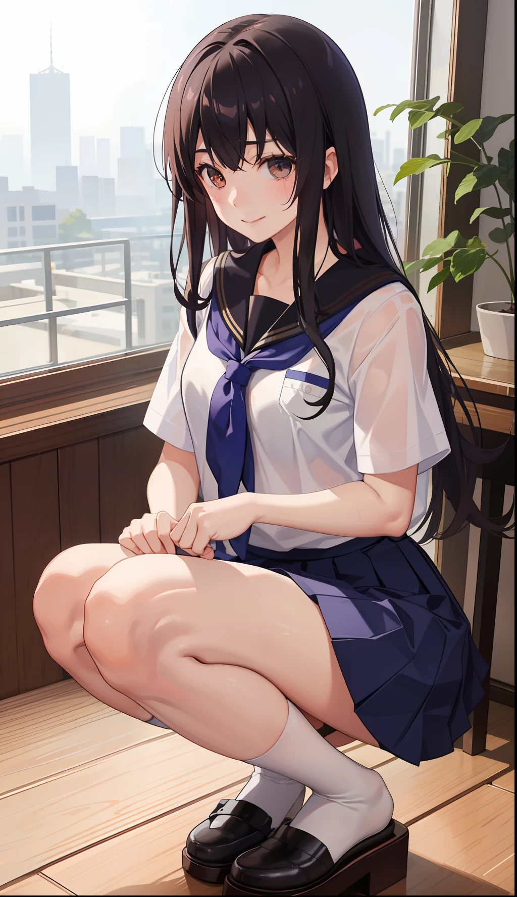 1girl in、A smile、The shirt、skirt by the、(small tits)Chilarism、Japan High School Student Uniform、serafuku、summer clothing、Squall Drenched Uniform、(Sheer Bra)、Upper body portrait、Squatting panchira、