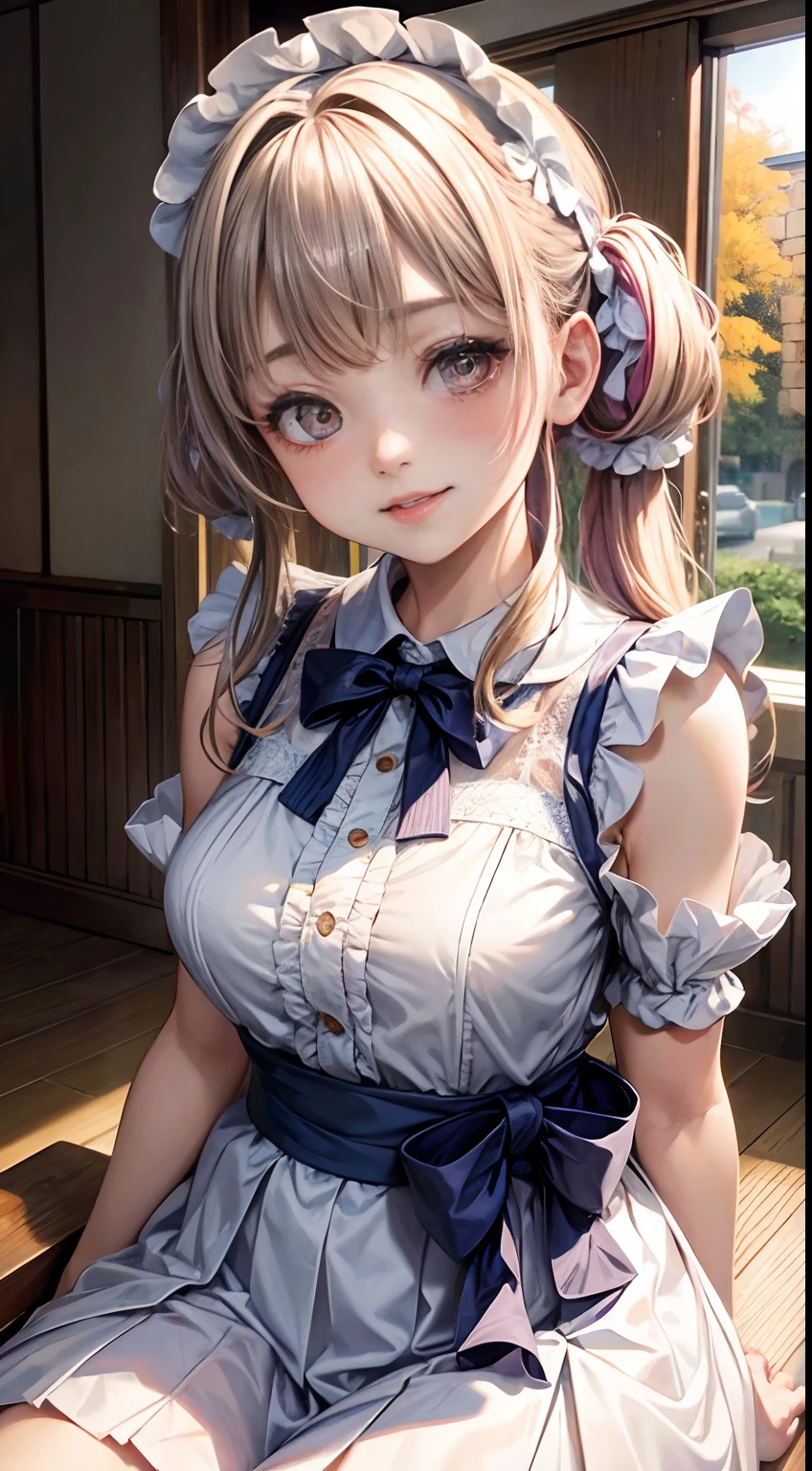 years, Adorable, Japan Girl, 14ars,Smile,Curtsey, (frilled white dress:1.2) , hair scrunchie, Twin-tailed , (High color saturation,catchlight:1.0), (highlydetailed skin), (Best Quality:1.0), (超A high resolution:1.0) ,(photographrealistic:1.0), (ultra-detailliert:1.0), (8K, Raw photo:1.1), ( downbrouse:1.0),(See-through)