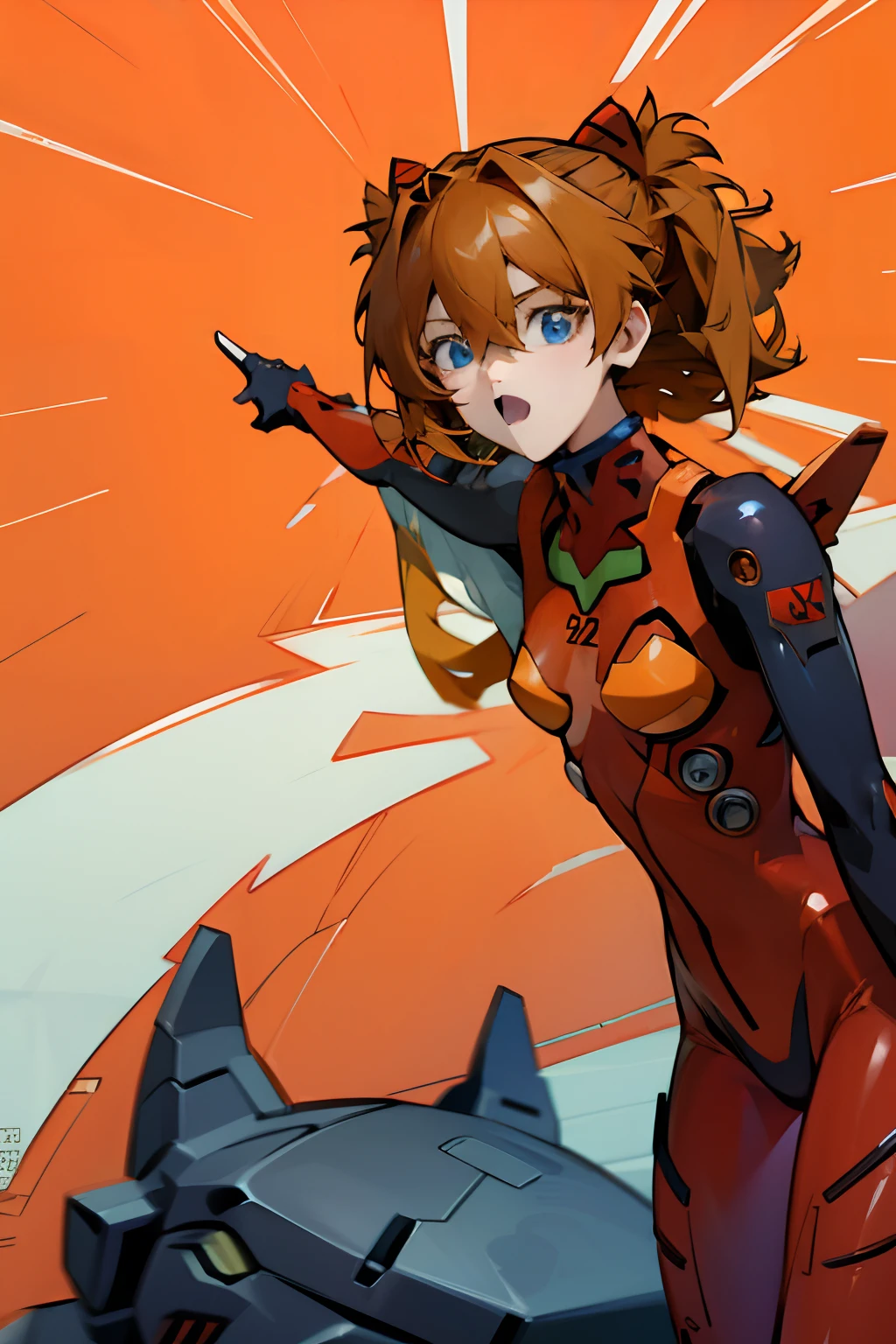 soyjaks,4k,, hd, masterpiece, absurdres, asuka langley soryu, blue eyes, hair between eyes, headgear, interface headset, orange hair,red bodysuit,, simple background, pointing behind, 1 girl, solo