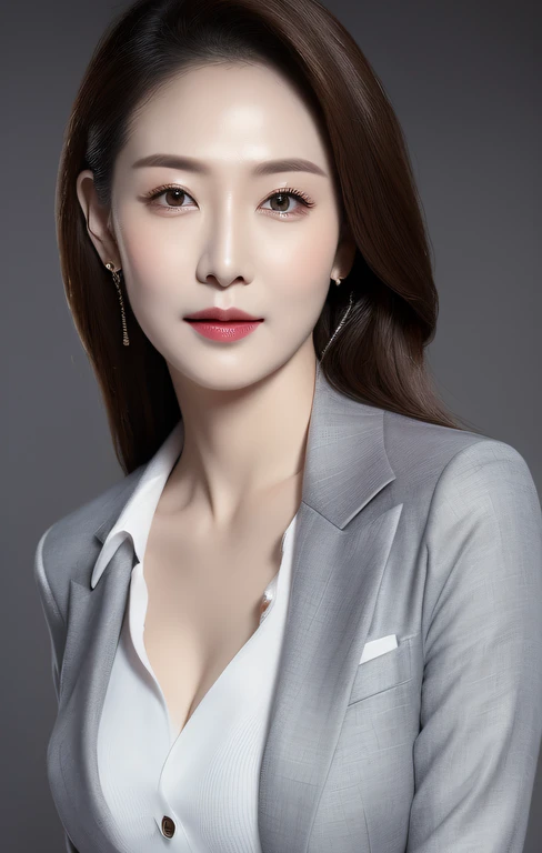 masterpiece,best quality, (one milf), ((portrait:1.5)), makeup, elegant grey suit, white shirt, touch own chest, ((seduction expression)),
