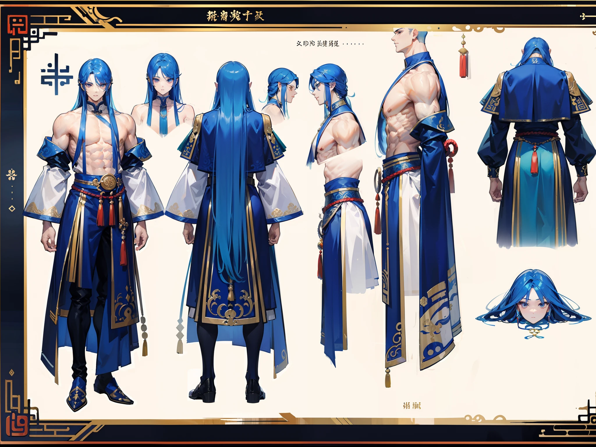 ((Masterpiece, Highest quality)), Detailed face, character design sheet, full bodyesbian, Full of details, frontal body view, back body view, Highly detailed, Depth, Many parts, Muscle boy with long blue hair with long bangs,handsome man, muscle body, Traditional chinese clothes, man tall, pectoral muscles, abs