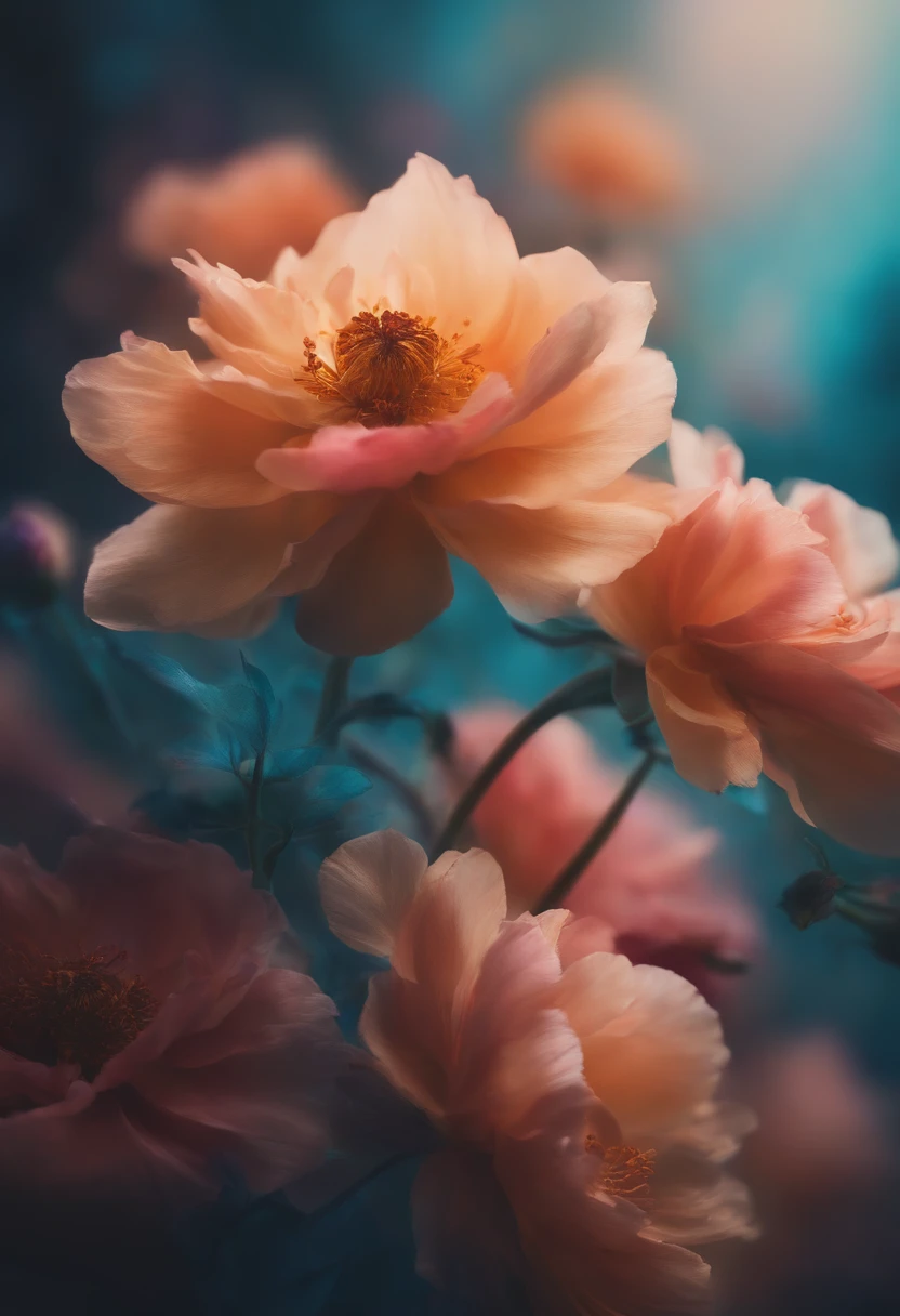 abstract aesthetic group offlowers,digital illustration,beautiful vibrant colors,delicate detailed petals,ethereal atmosphere,highres,realistic lighting,soft focus,artistic interpretation,transcendent beauty,subtle textures,blends of hues