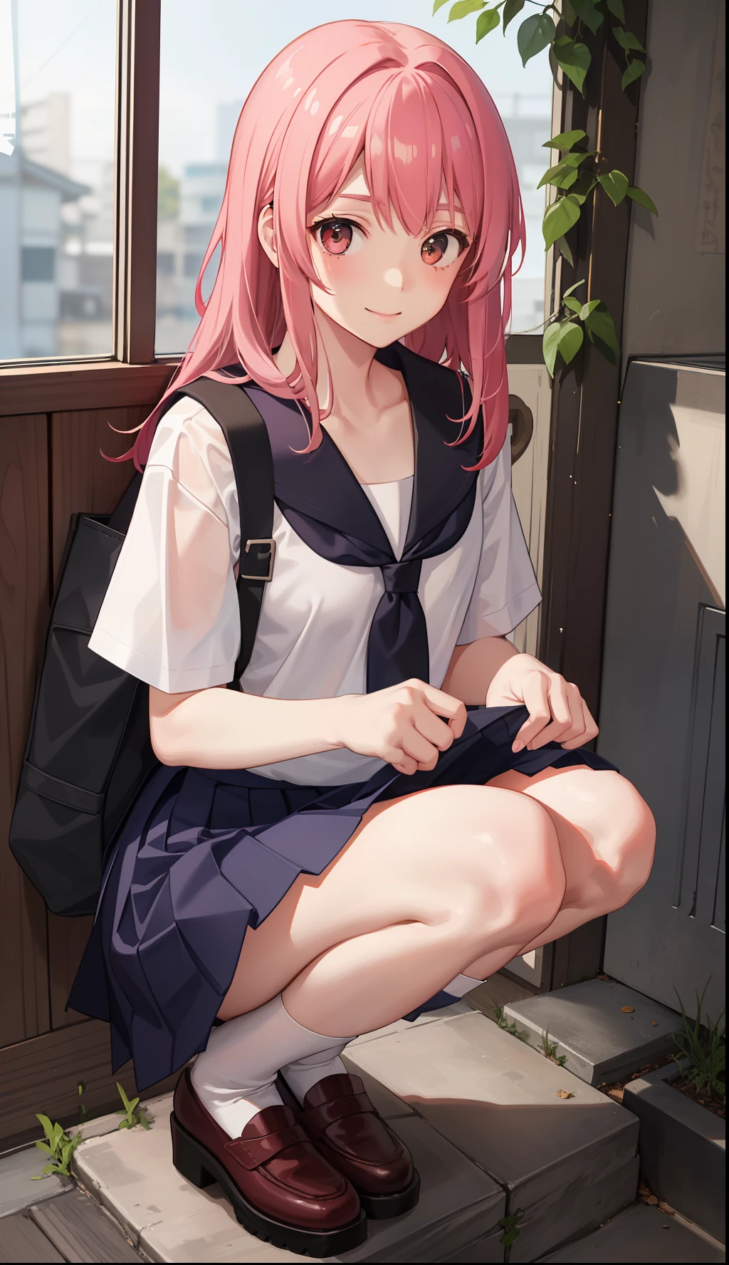 1girl in、A smile、The shirt、skirt by the、（small tits）Chilarism、Japan High School Student Uniform、serafuku、summer clothing、Squall Drenched Uniform、（Sheer Bra）、Upper body portrait、Squatting panchira、