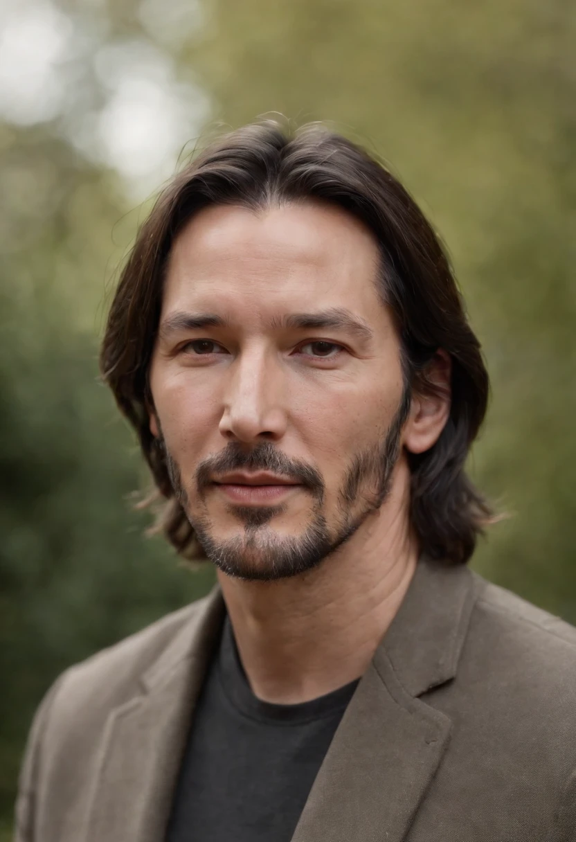 Create a realistic portrait of a man strikingly resembling Keanu Reeves, Un enthousiasme contagieux et une vraie joie de vivre,chaud, natural lighting that highlights the characteristics of the subject and brings out the warmth in its expression,Photo en gros plan, capturer votre visage et le haut du corps. Place the camera at eye level to show your connection with the viewer, while his brilliant and enthusiastic expression takes centre stage ::n_Generate an image that depicts a man who looks tired and disinterested, Conveying a lack of enthusiasm and passion
