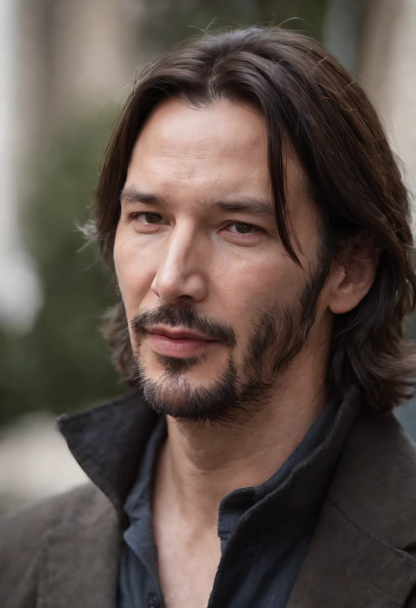 Create a realistic portrait of a man strikingly resembling Keanu Reeves, Un enthousiasme contagieux et une vraie joie de vivre,chaud, natural lighting that highlights the characteristics of the subject and brings out the warmth in its expression,Photo en gros plan, capturer votre visage et le haut du corps. Place the camera at eye level to show your connection with the viewer, while his brilliant and enthusiastic expression takes centre stage ::n_Generate an image that depicts a man who looks tired and disinterested, Conveying a lack of enthusiasm and passion