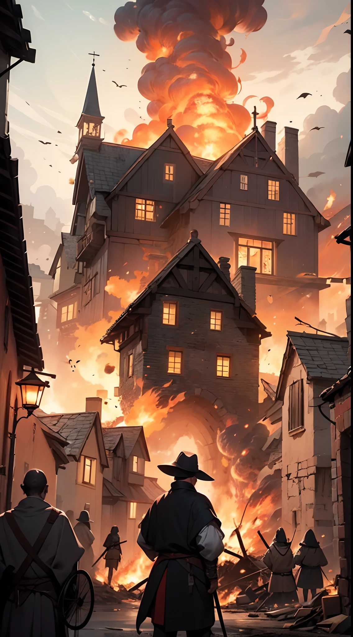 an entire medieval village being destroyed by this creature with flames view from behind the medieval warriors watching in disbelief