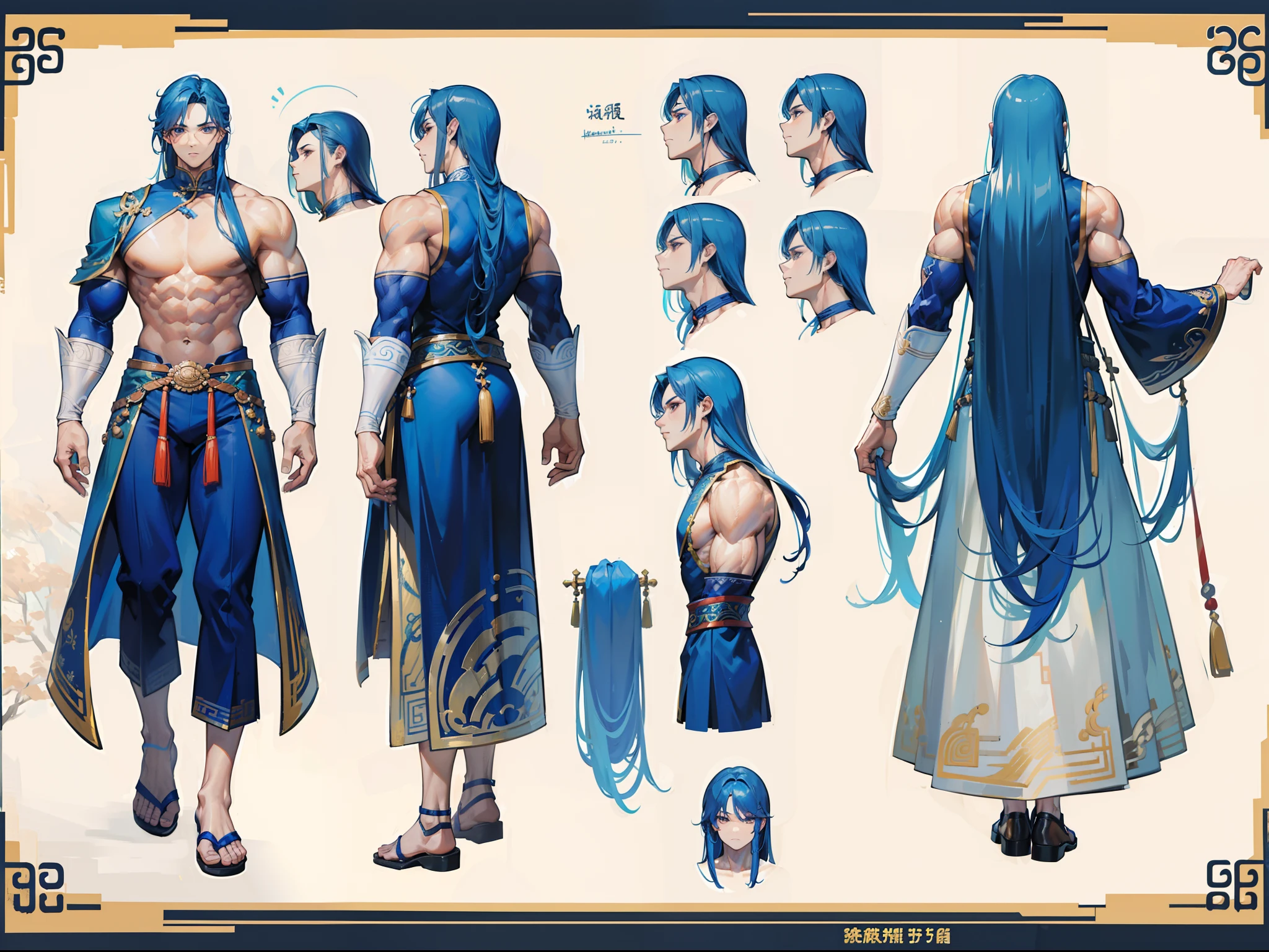 ((Masterpiece, Highest quality)), Detailed face, character design sheet， full bodyesbian, Full of details, frontal body view, back body view, Highly detailed, Depth, Many parts, Muscle boy with long blue hair with long bangs，handsome man, muscle body, Traditional chinese clothes, man tall, pectoral muscles, abs